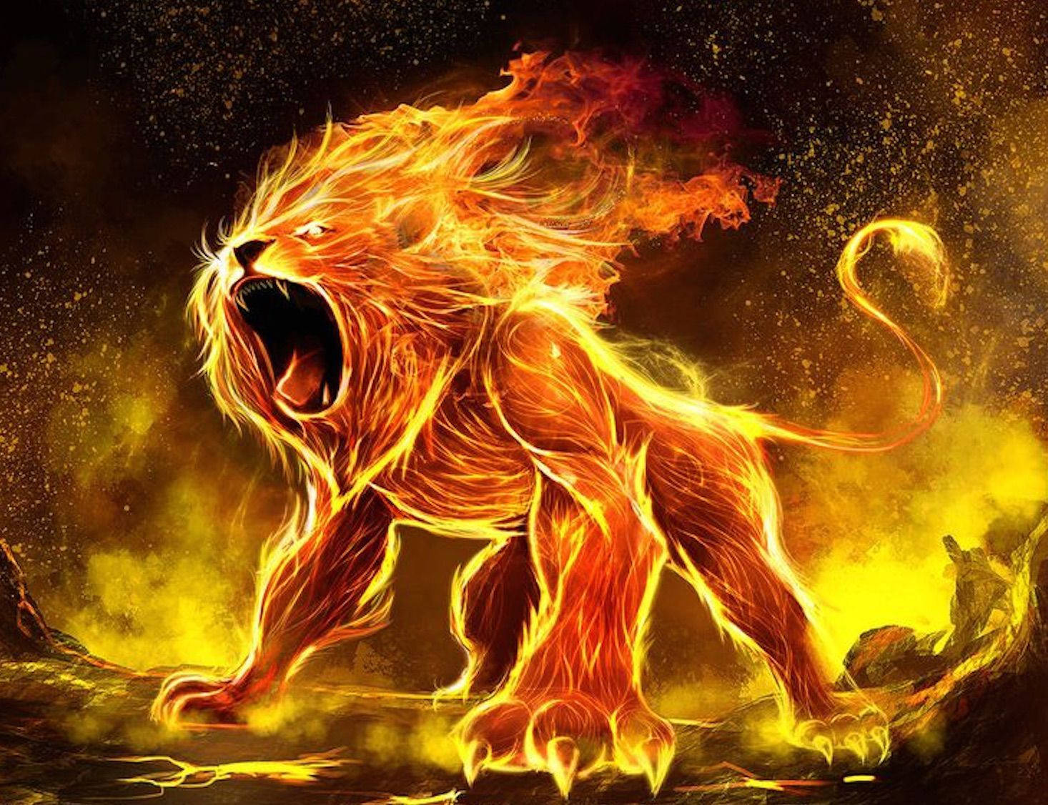 Fire Lion, blazing orange and yellow flames, dark starry sky, HD Desktop Wallpaper