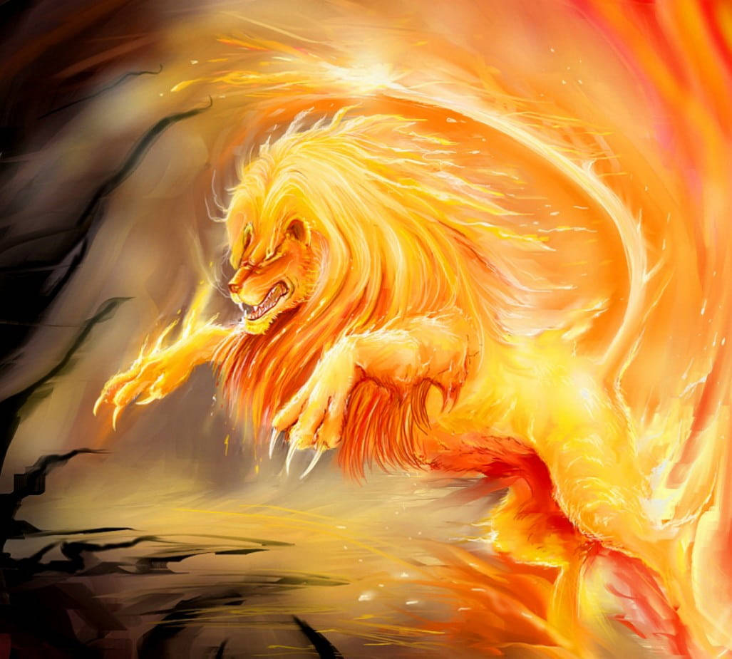 Fire Lion, roaring flames, dark swirling background, SD Desktop Wallpaper