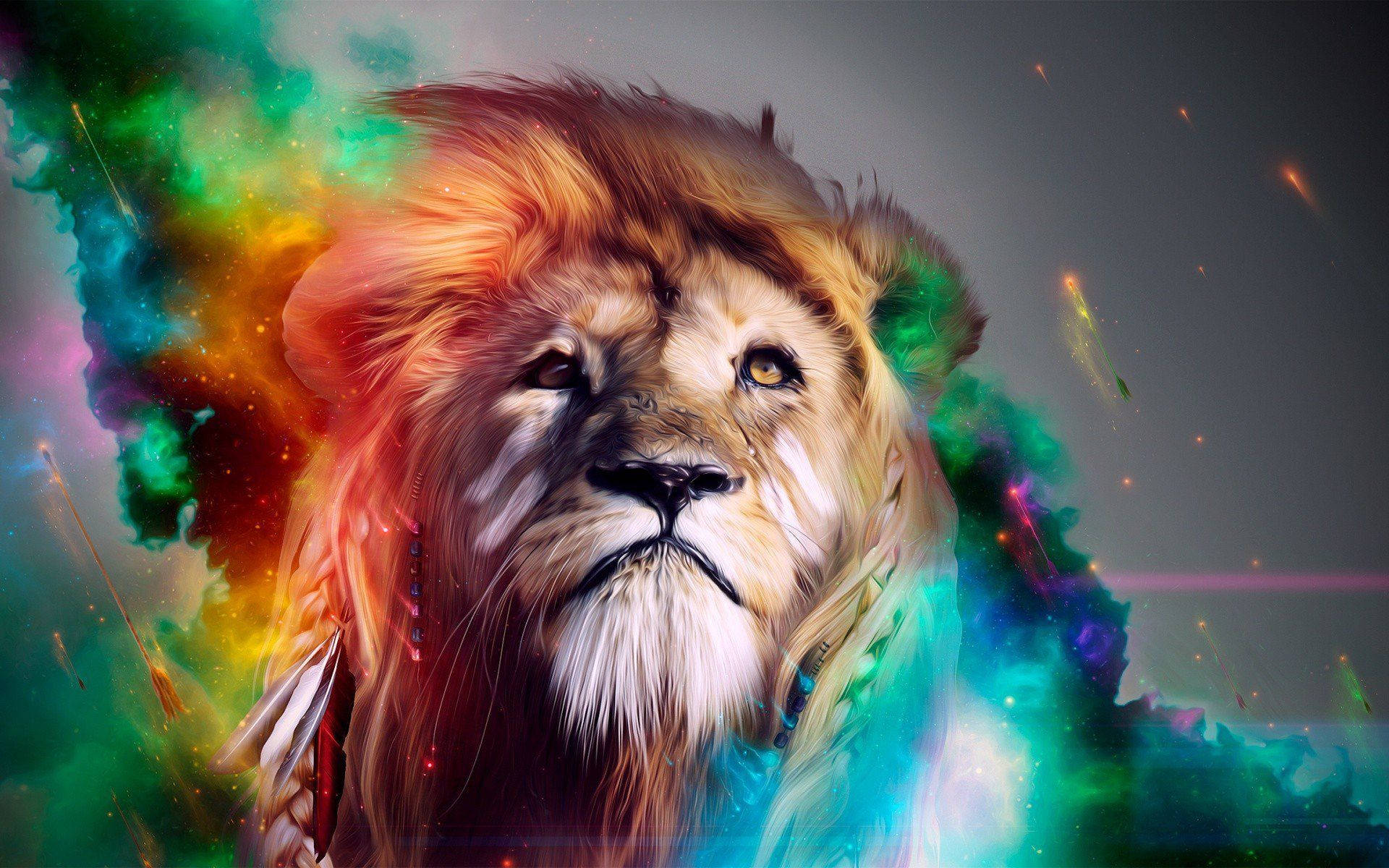 Lion Galaxy, rainbow smoke design, neon greens, Full HD Desktop Wallpaper