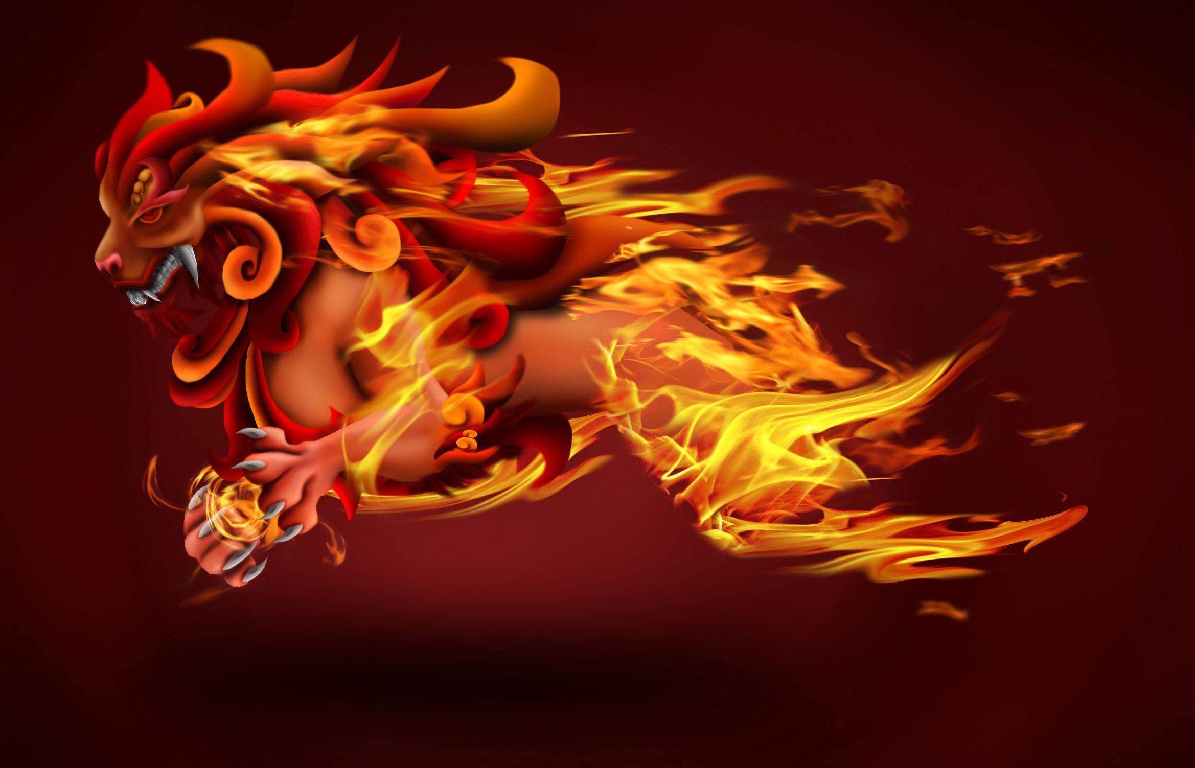 Fire Lion, Japanese Art, fiery lion, Full HD Desktop Wallpaper