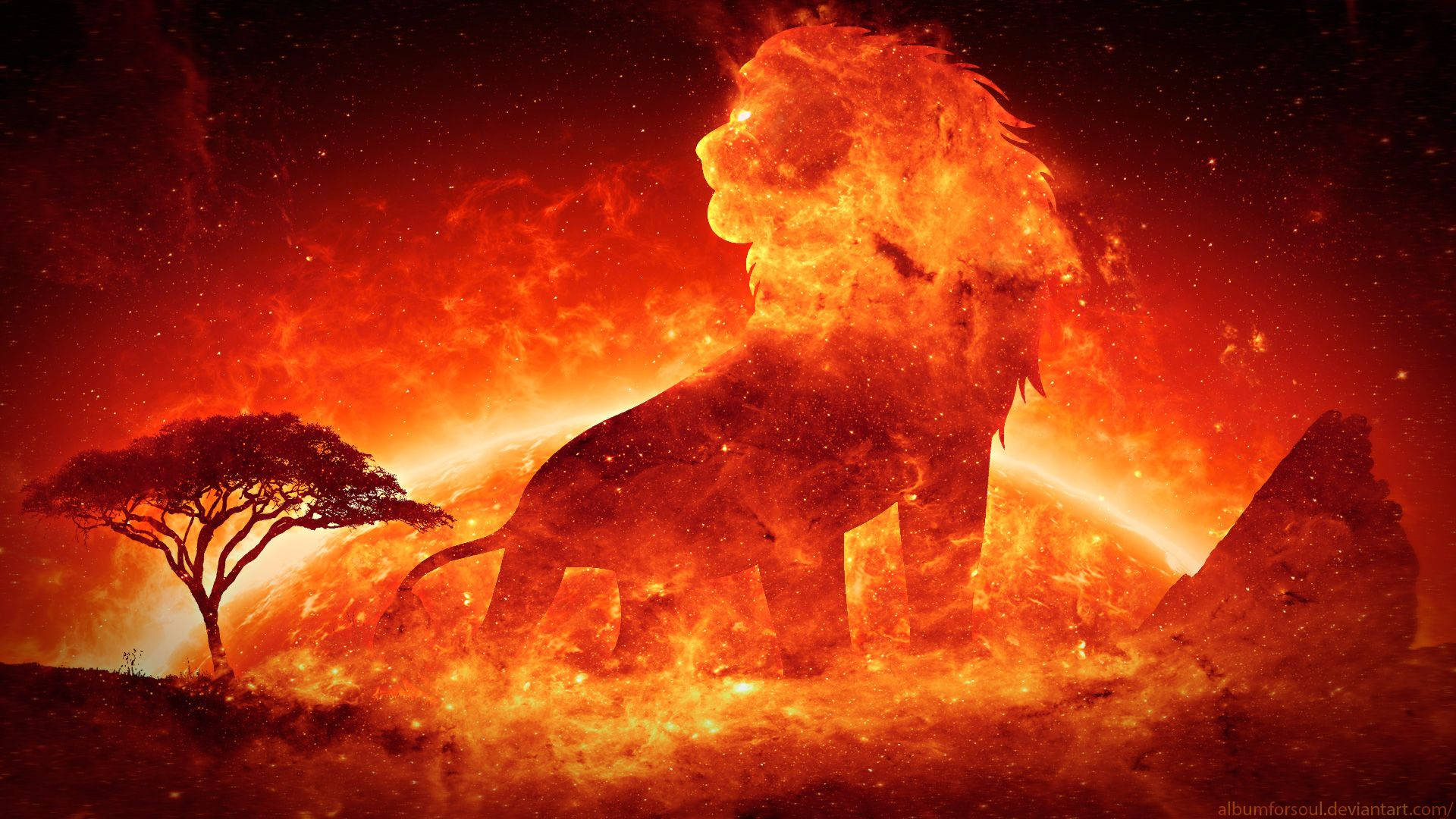 Fire Lion, savanna, fiery sunset sky, Full HD Desktop Wallpaper
