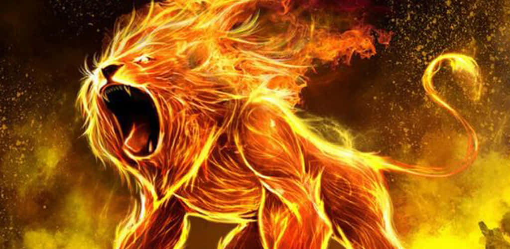 roaring lion, blazing orange and yellow flames, dark golden background, SD Desktop Wallpaper