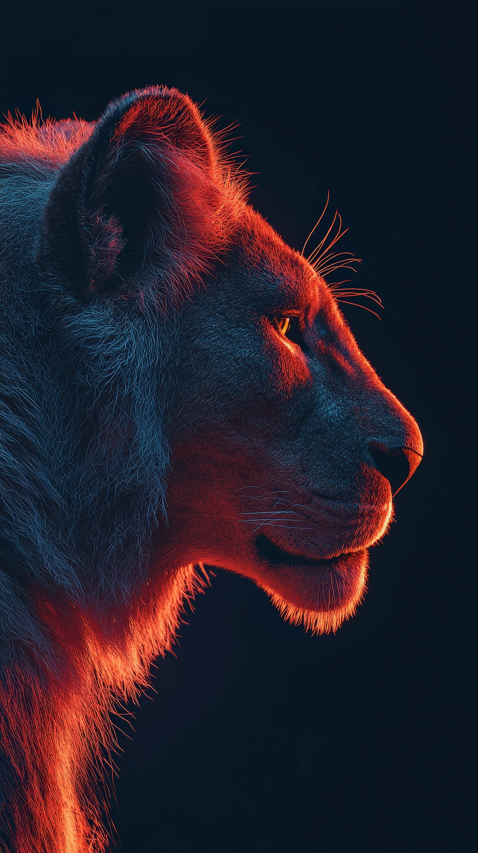 lioness, profile, fiery red light, 2K Phone Wallpaper