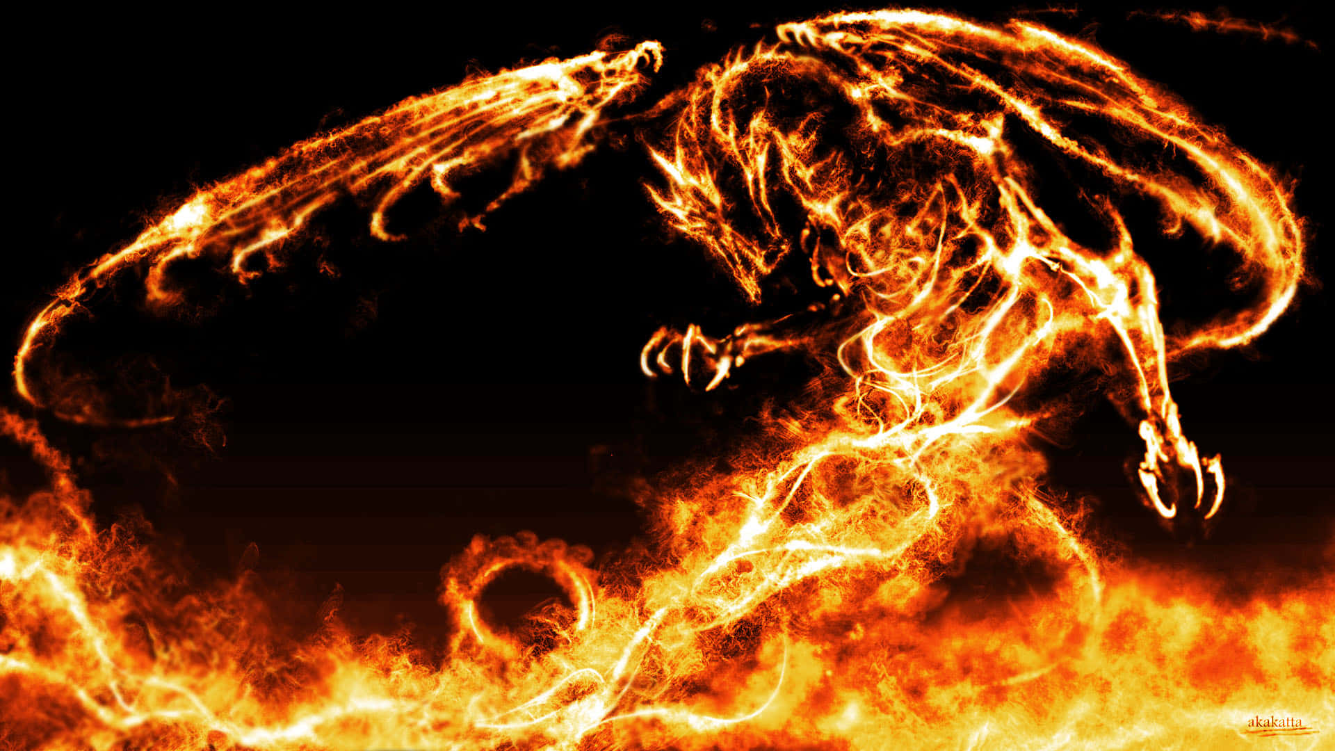 fiery dragon, glowing orange and yellow flames, black background, Full HD Desktop Wallpaper