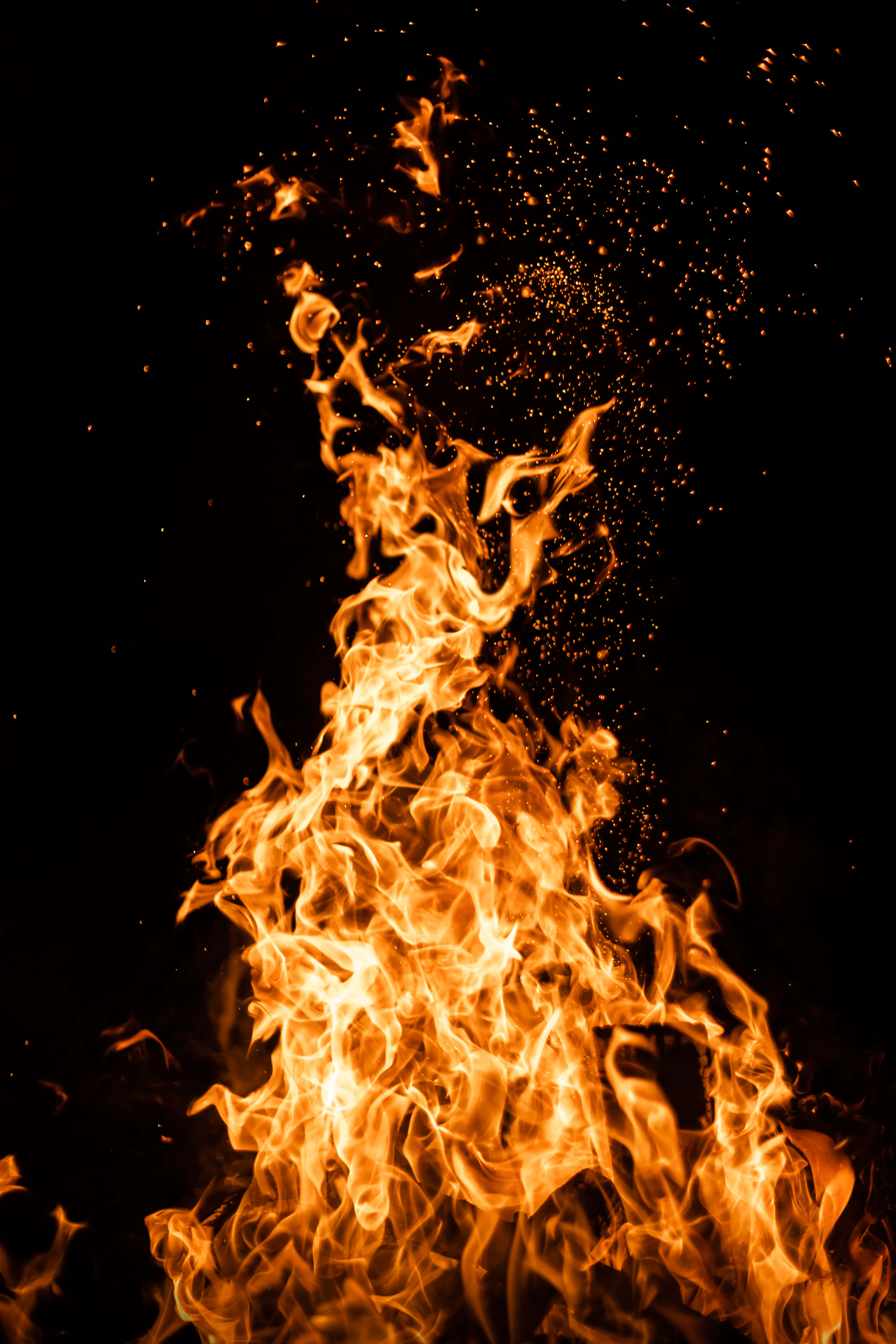 orange flame, yellow flames, glowing embers, 5K Phone Wallpaper