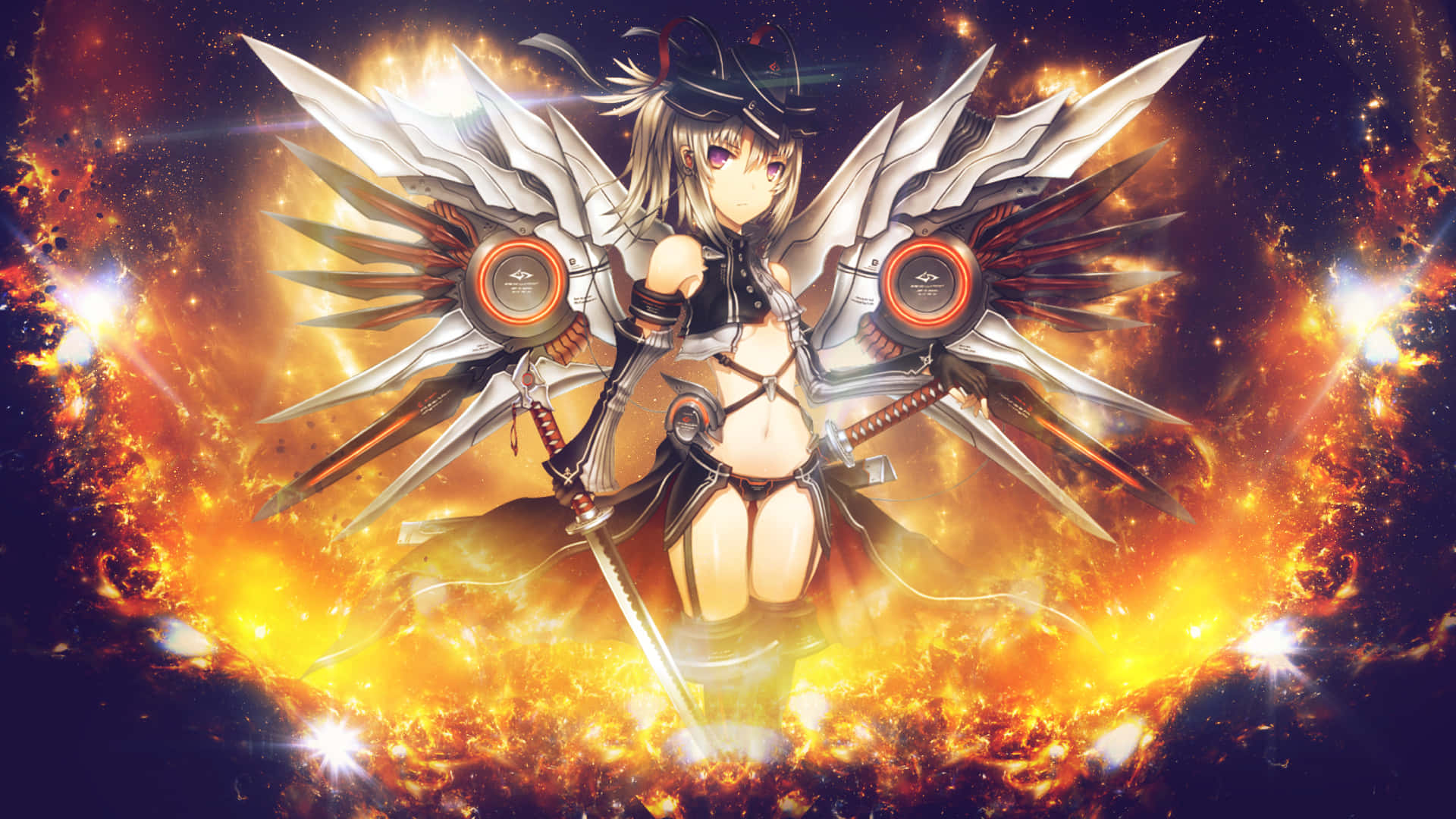 anime warrior, mechanical wings, swords, Full HD Desktop Wallpaper