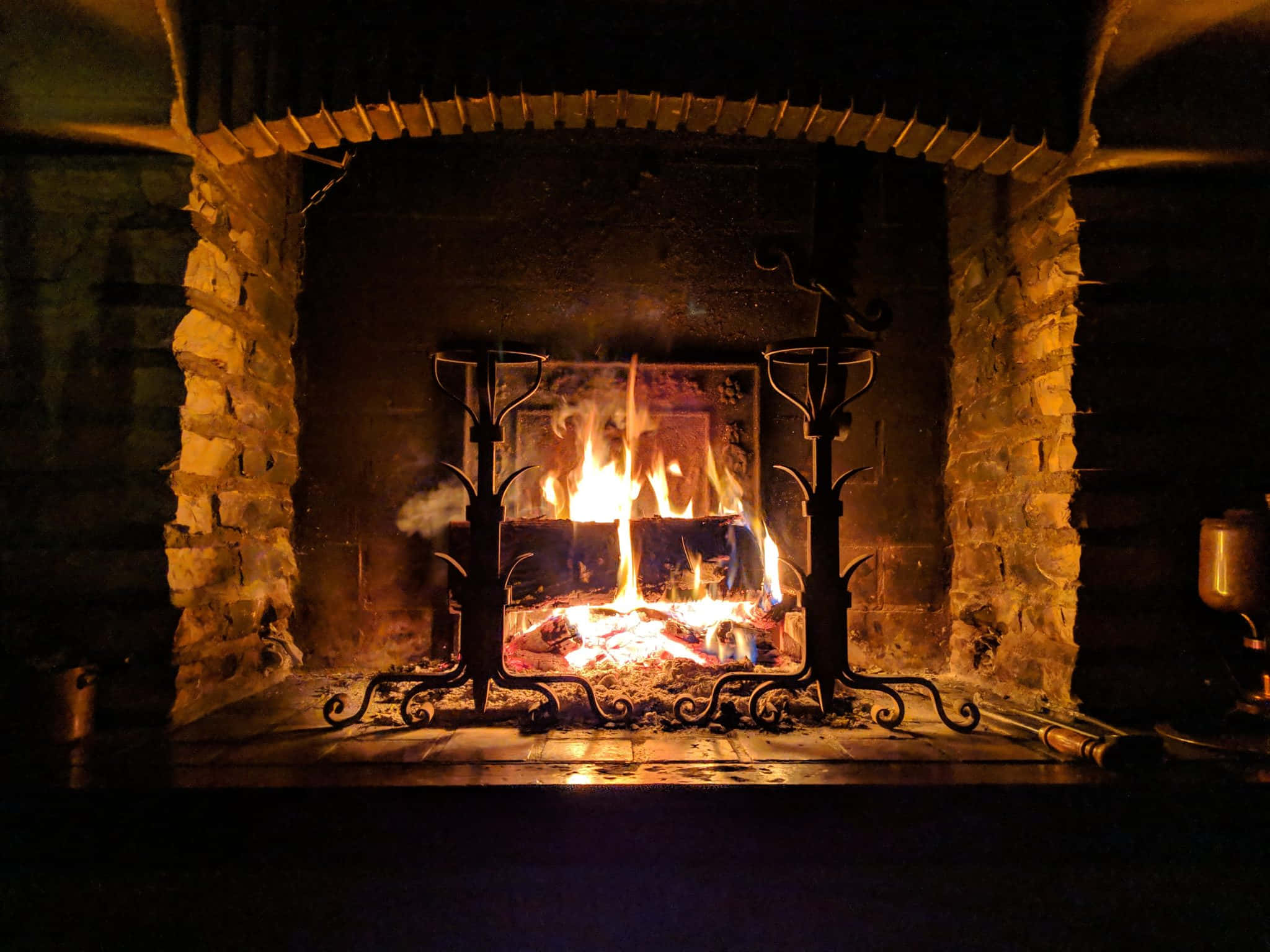 fireplace, rustic stone fireplace, roaring fire, Full HD Desktop Wallpaper
