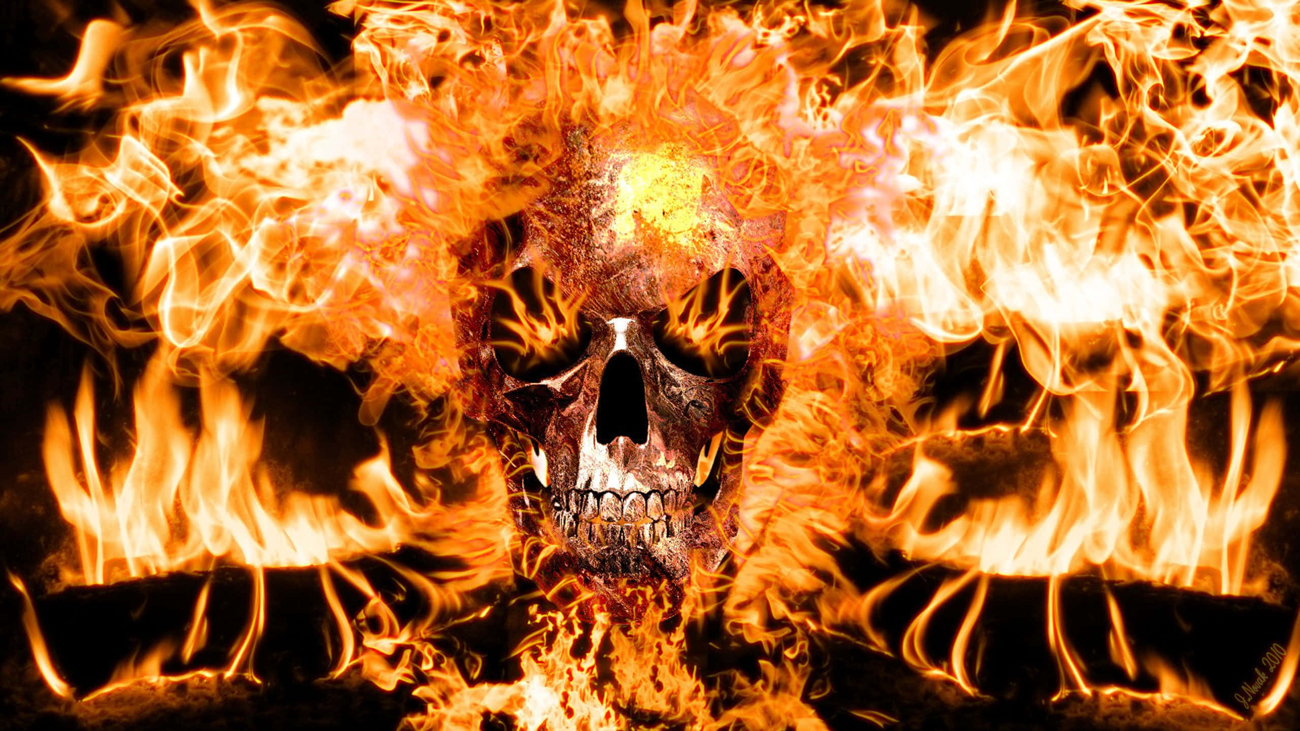 Fire Skull, flaming skull, glowing eyes, 2K Desktop Wallpaper
