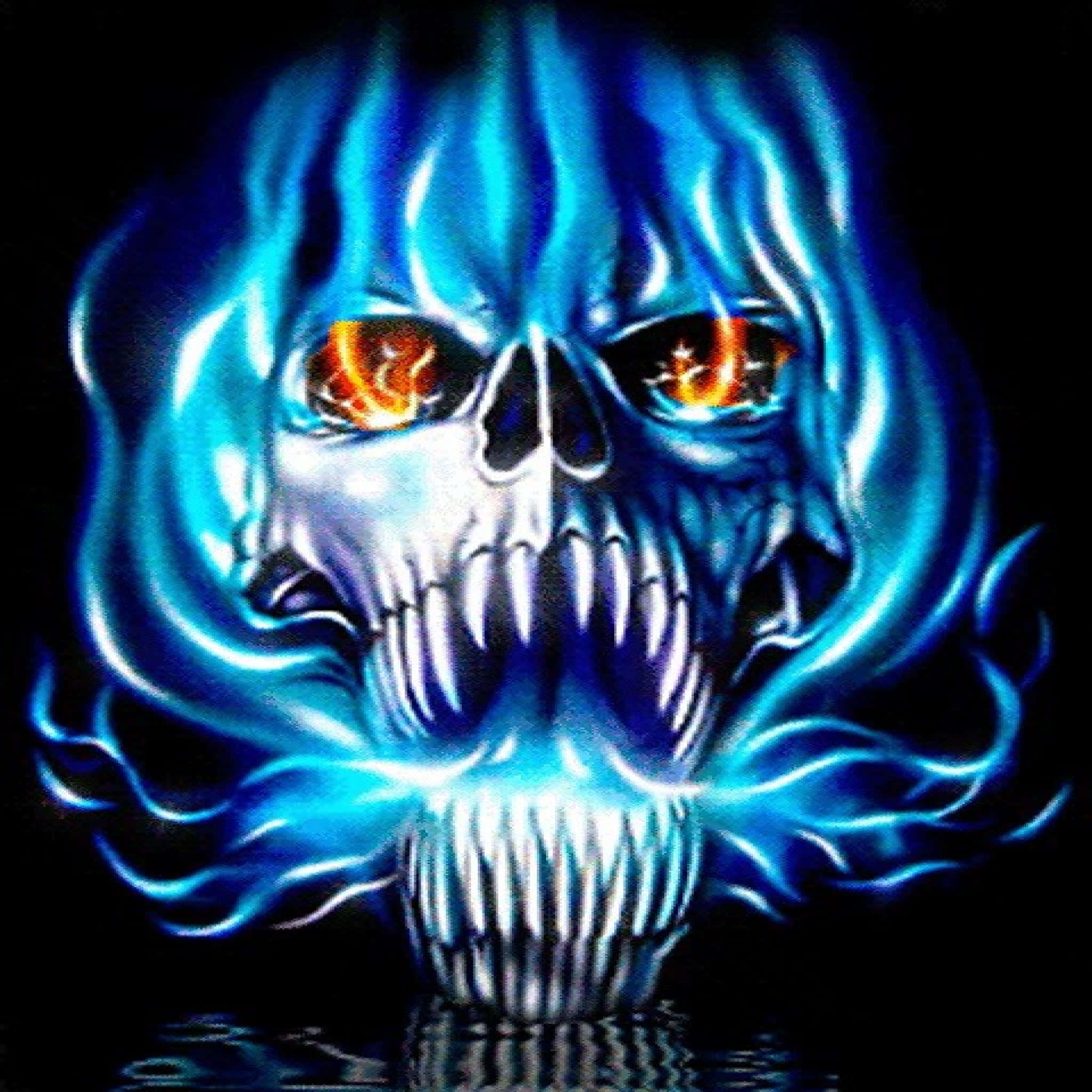 Fire Skull, electric blue flames, glowing orange eyes, Full HD Desktop Wallpaper