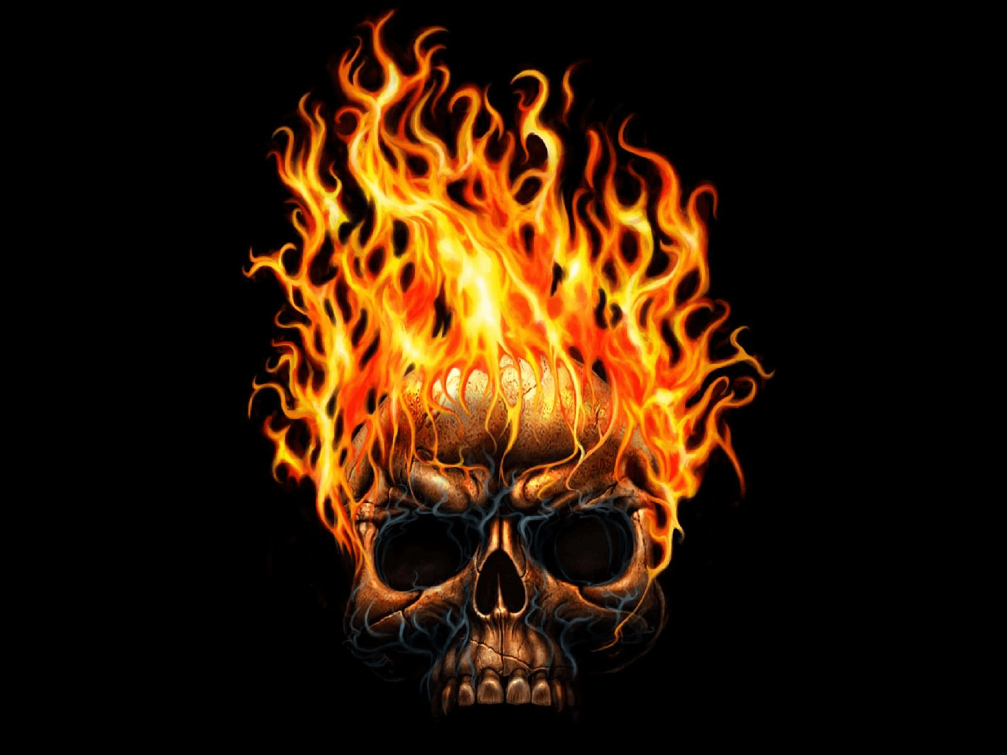 Fire Skull, flaming skull, vivid orange and yellow fire, 2K Desktop Wallpaper