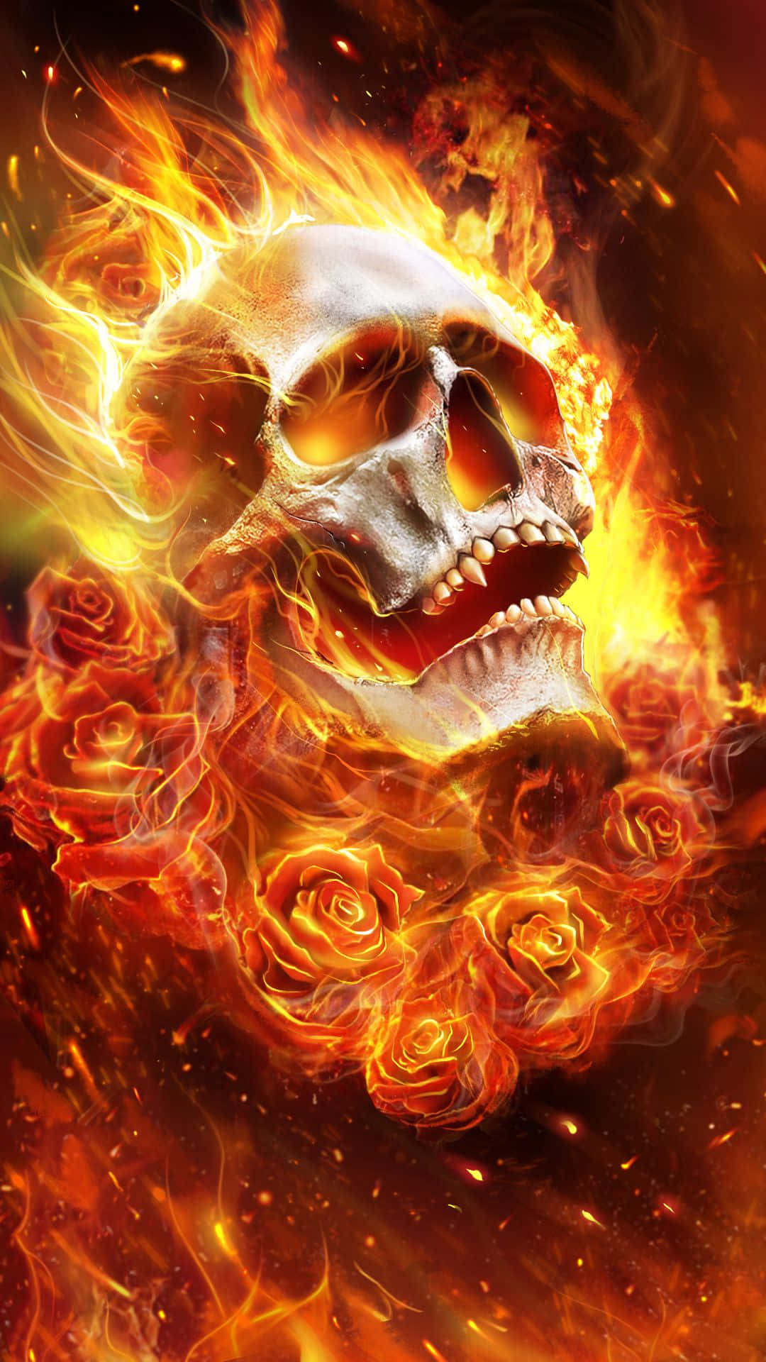 Fire Skull, flaming skull, burning roses, Full HD Phone Wallpaper