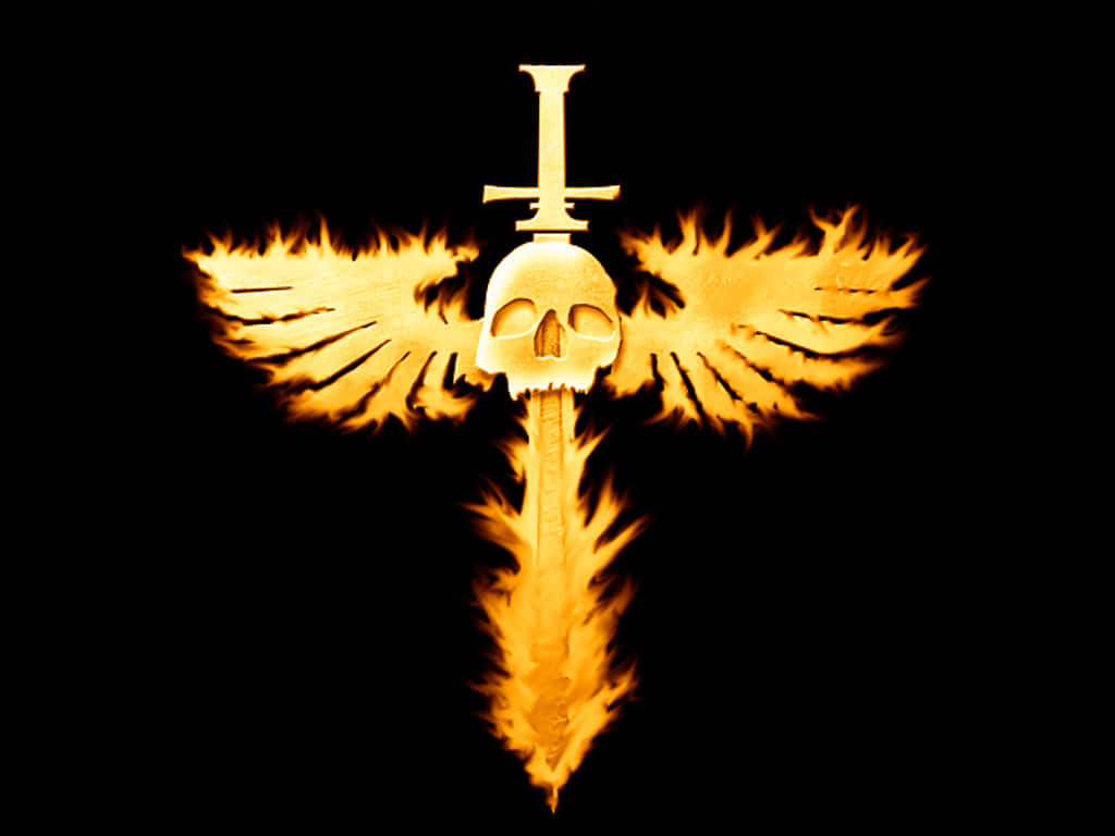 Fire Skull, golden flaming sword, skull and wings, SD Desktop Wallpaper