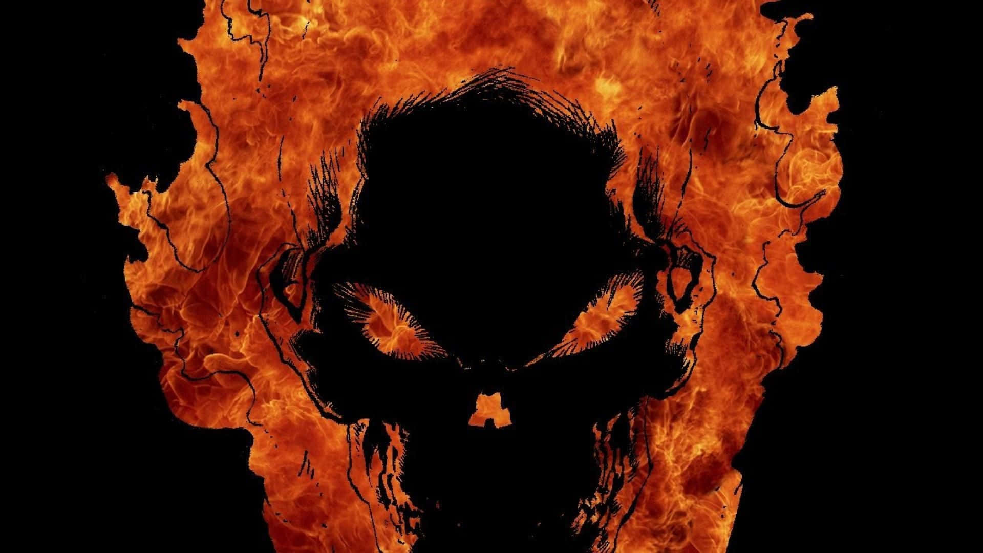 red flame skull, black skull silhouette, glowing orange eyes, Full HD Desktop Wallpaper