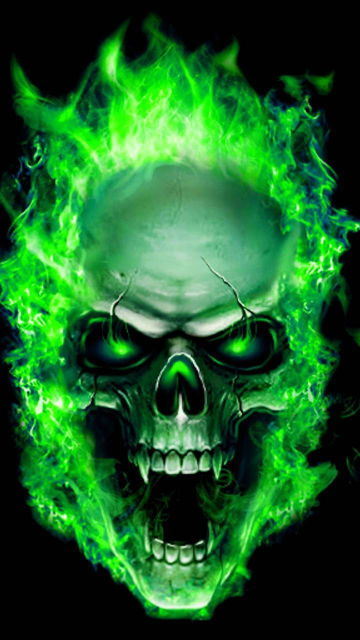 Green Fire Skull, glowing green eyes, fiery green flames, HD Phone Wallpaper