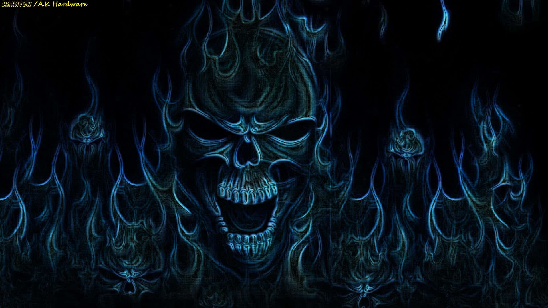 black skeleton, 1920 x 1080, glowing blue flames, Full HD Desktop Wallpaper
