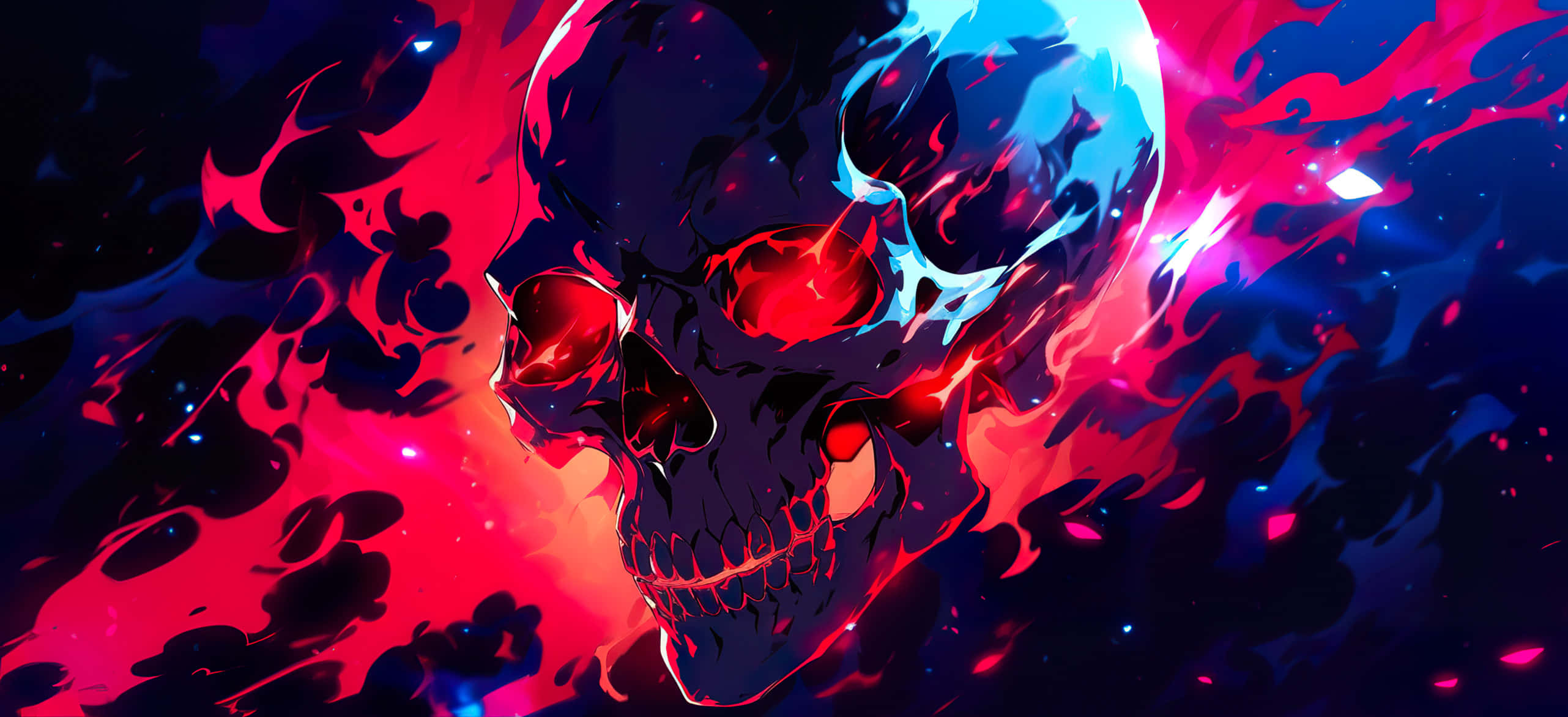 Blue Red Fire Skull, glowing skull, red eyes, 2K Desktop Wallpaper