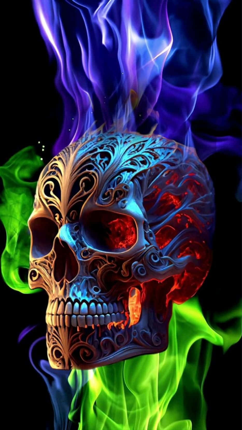 Fire Skull, glowing red eyes, blue metallic accents, HD Phone Wallpaper