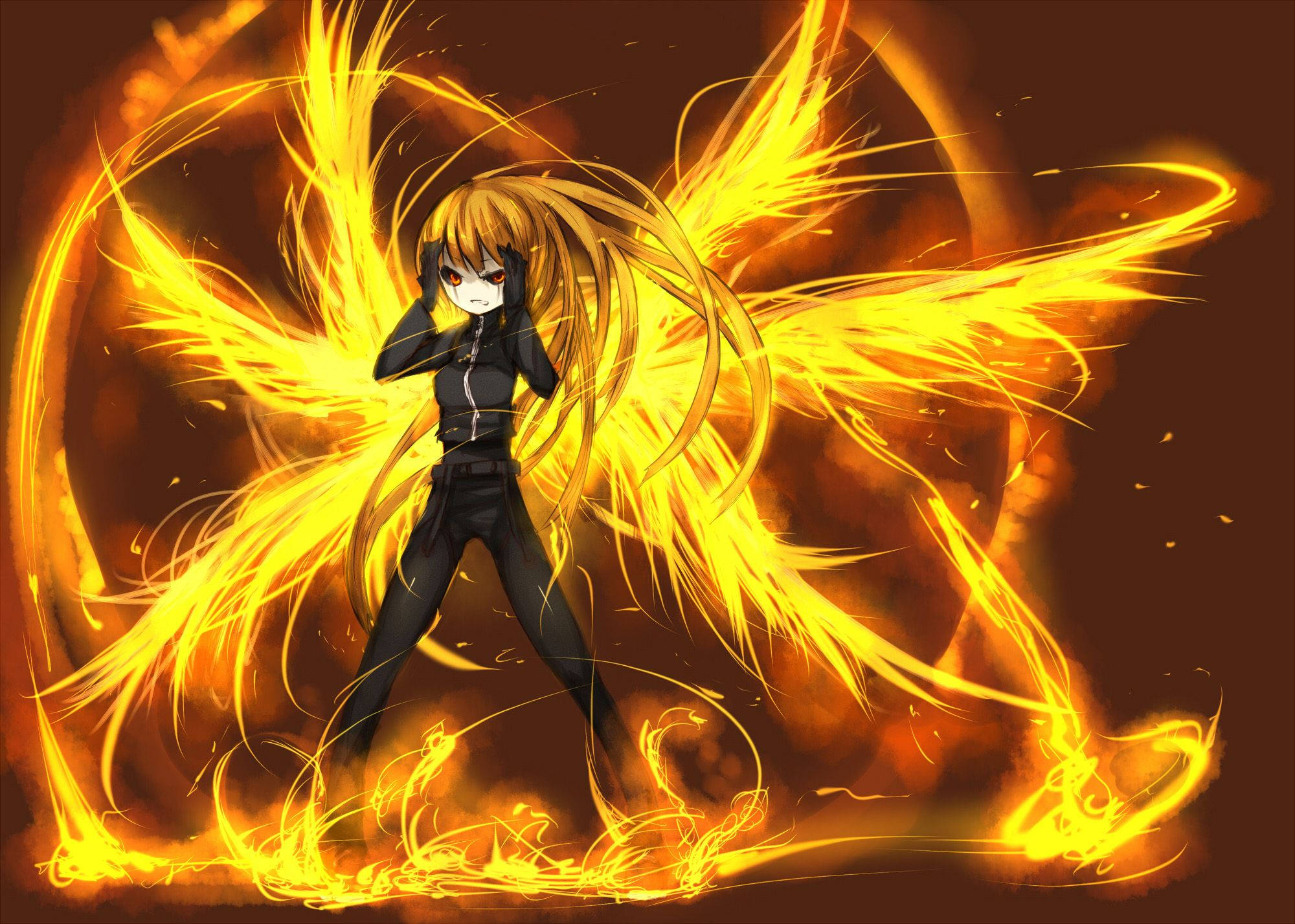 flaming wings, city, fiery anime girl, Full HD Desktop Wallpaper