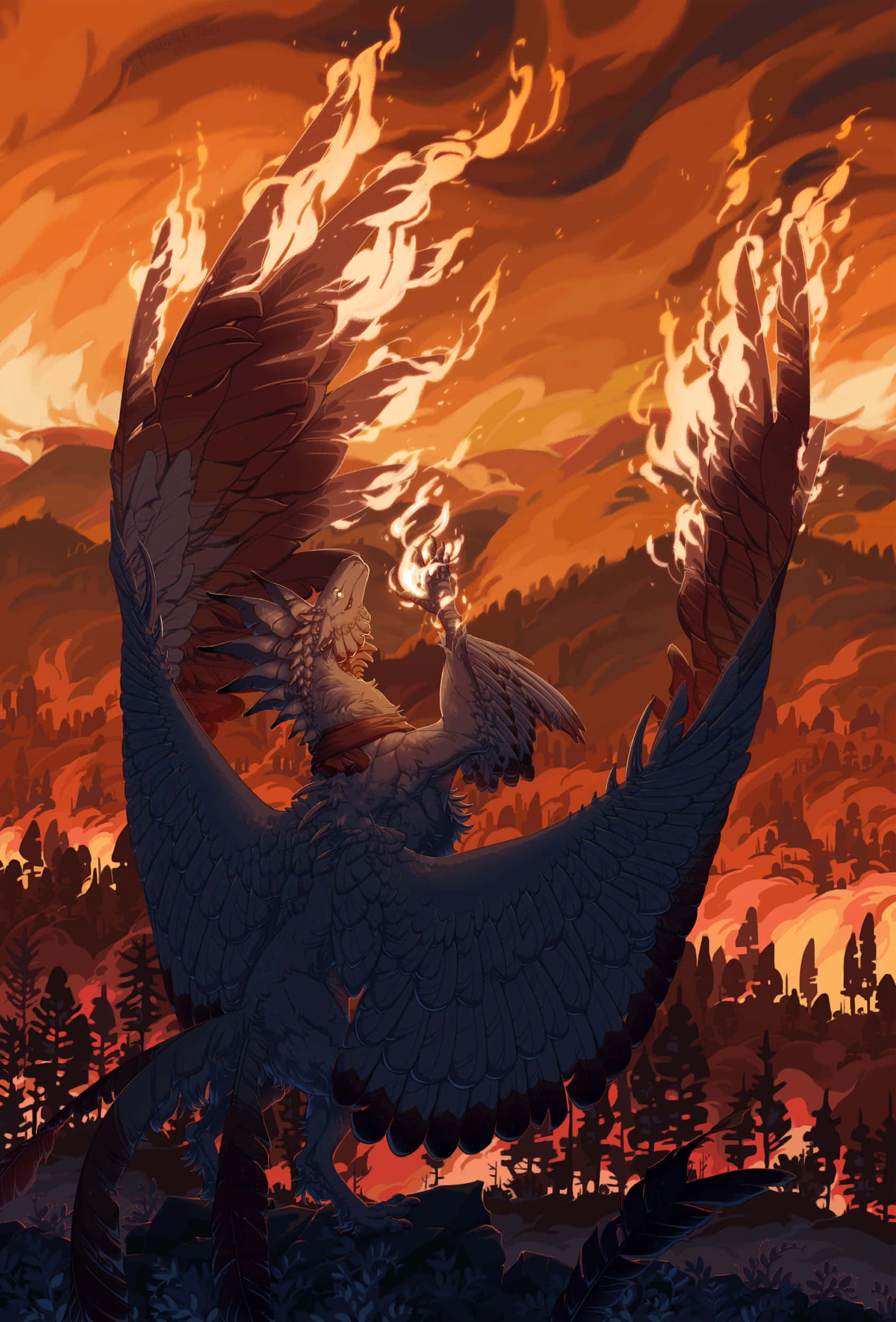 phoenix, flaming wings, fiery landscape, Full HD Phone Wallpaper