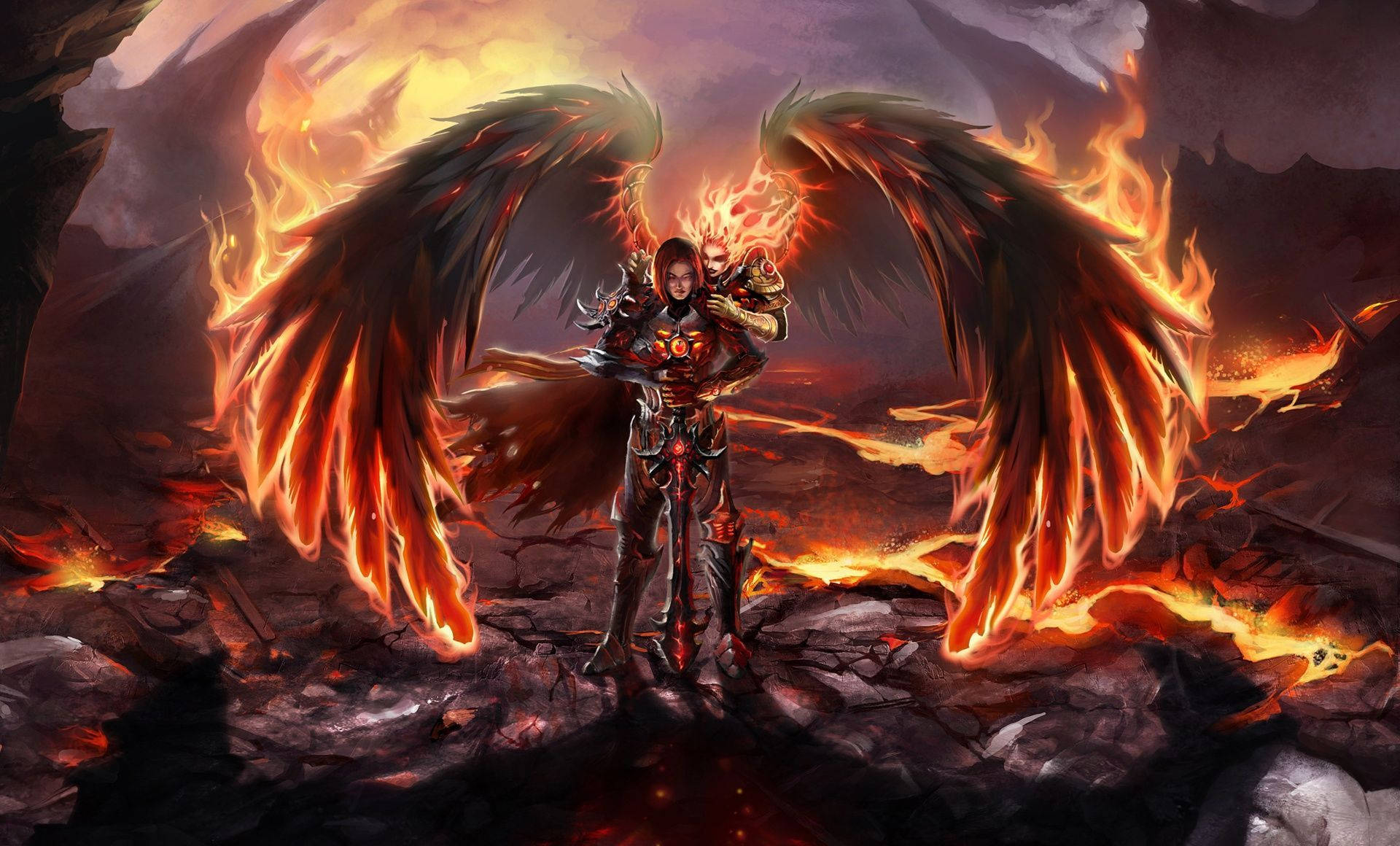 Fire Wings, fiery-winged warrior, volcanic landscape, Full HD Desktop Wallpaper