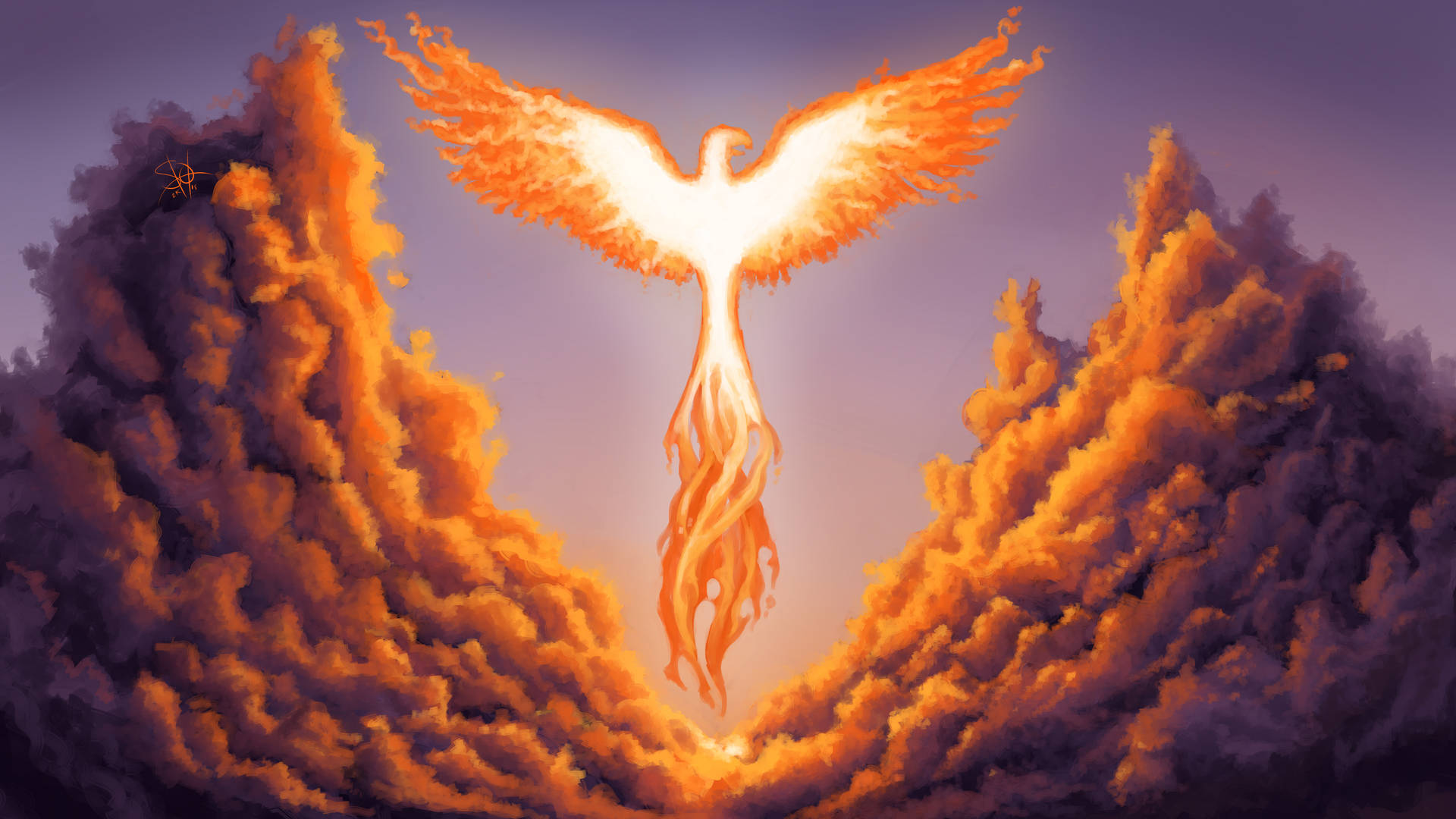 phoenix, fiery wings, orange and purple clouds, Full HD Desktop Wallpaper