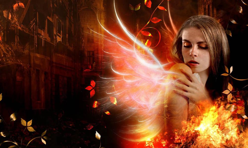 fire wings, glowing fiery wings, autumn leaves, SD Desktop Wallpaper