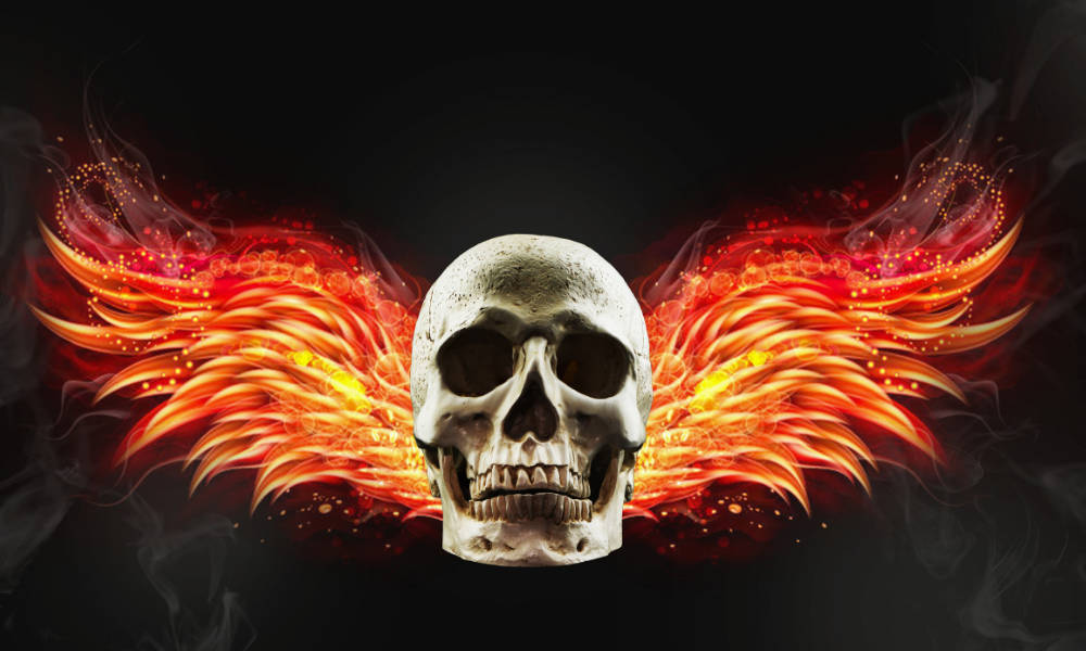 skull, fire wings, fiery orange wings, SD Desktop Wallpaper