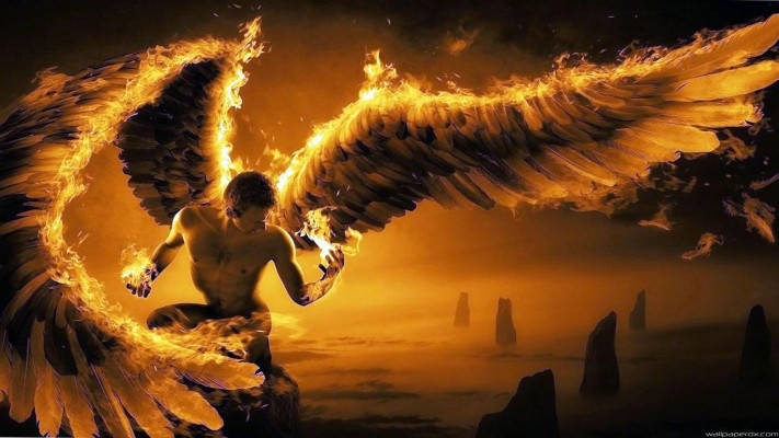 Fiery Wings Igniting the Darkness, muscular angel, fiery wings, SD Desktop Wallpaper