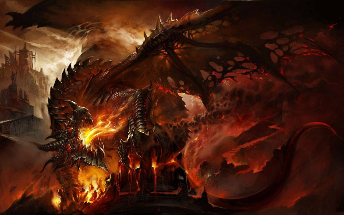 Fire Wings, colossal fiery dragon, spiked wings, SD Desktop Wallpaper