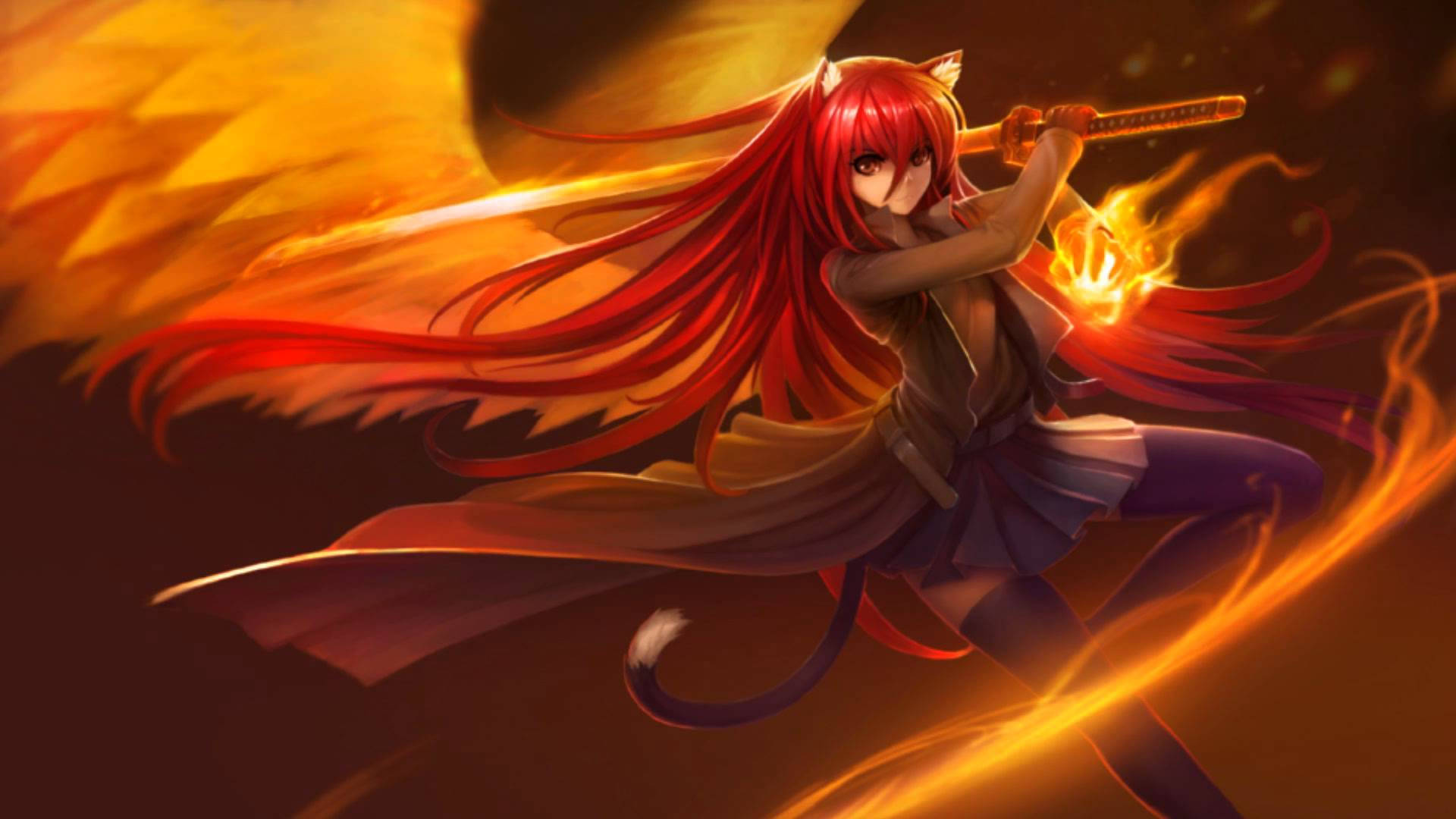 cat warrior girl, fire wings, fiery-haired, Full HD Desktop Wallpaper
