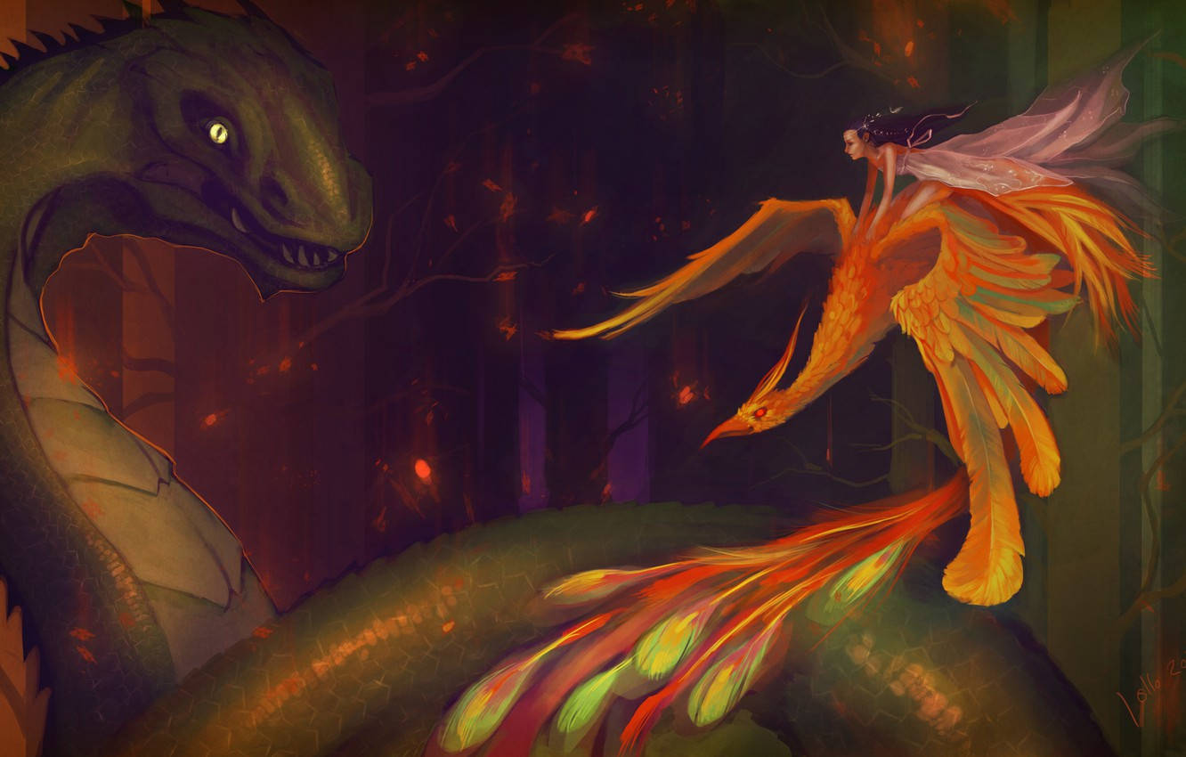 phoenix, glowing wings, green dragon, HD Desktop Wallpaper