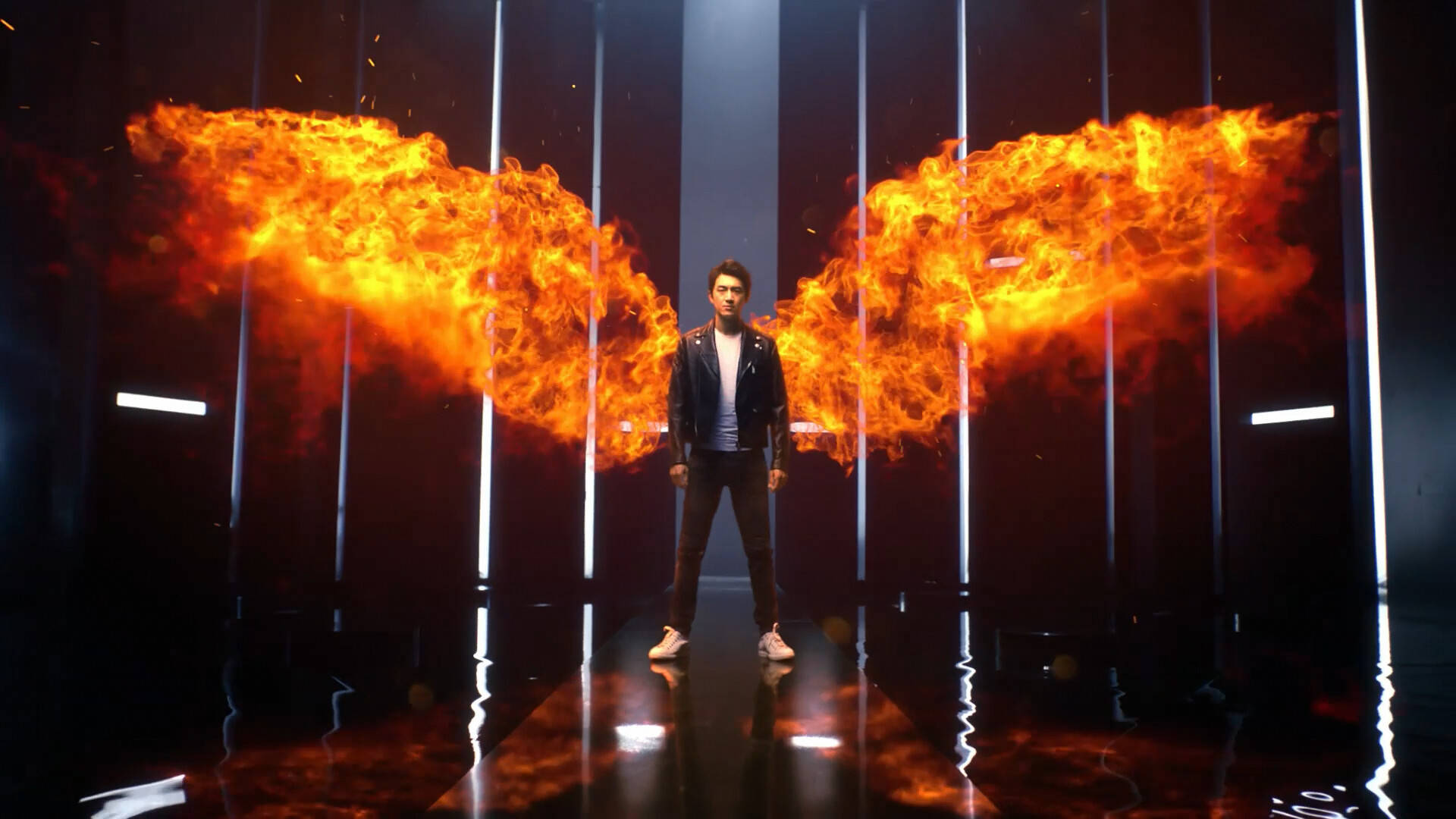 Fire Wings, fiery wings, dark futuristic chamber, Full HD Desktop Wallpaper