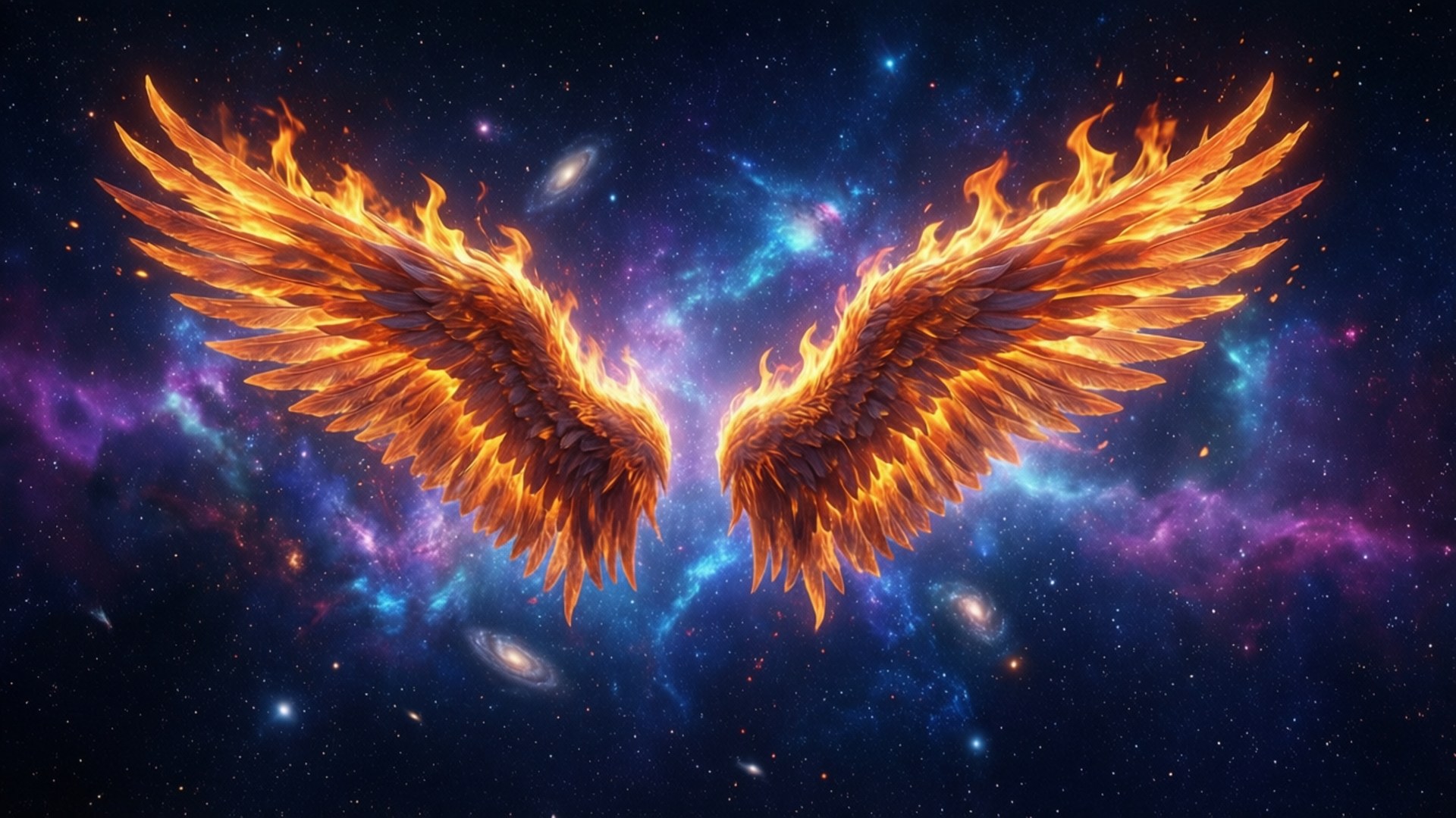 Cosmic Fire Wings, fiery golden wings, cosmic backdrop, Full HD Desktop Wallpaper
