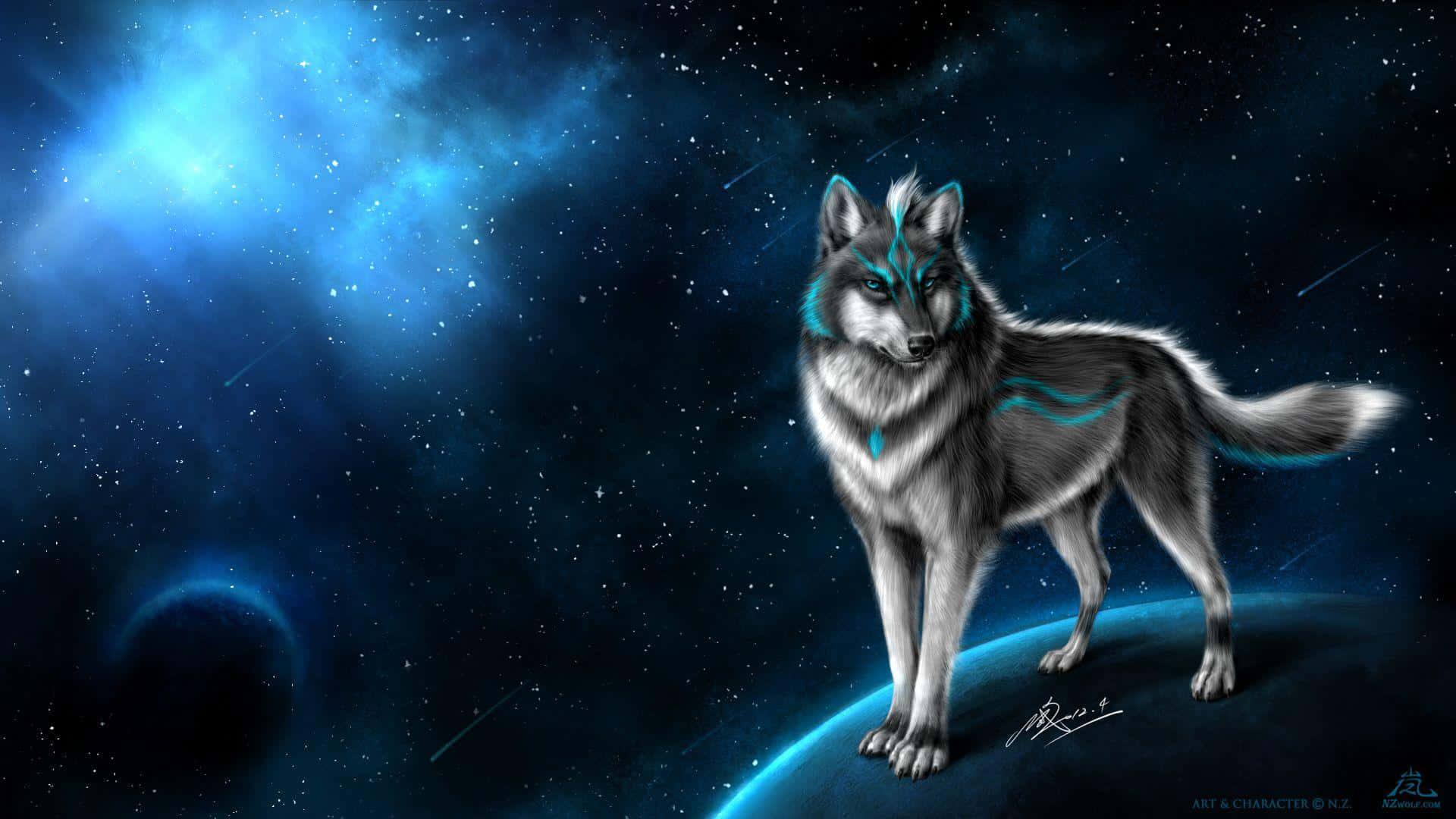 Fire Wolf, glowing blue markings, starry cosmic sky, Full HD Desktop Wallpaper