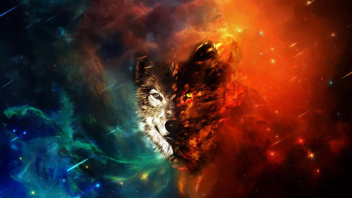 Fire Wolf, cosmic nebulae, yellow eye, SD Desktop Wallpaper