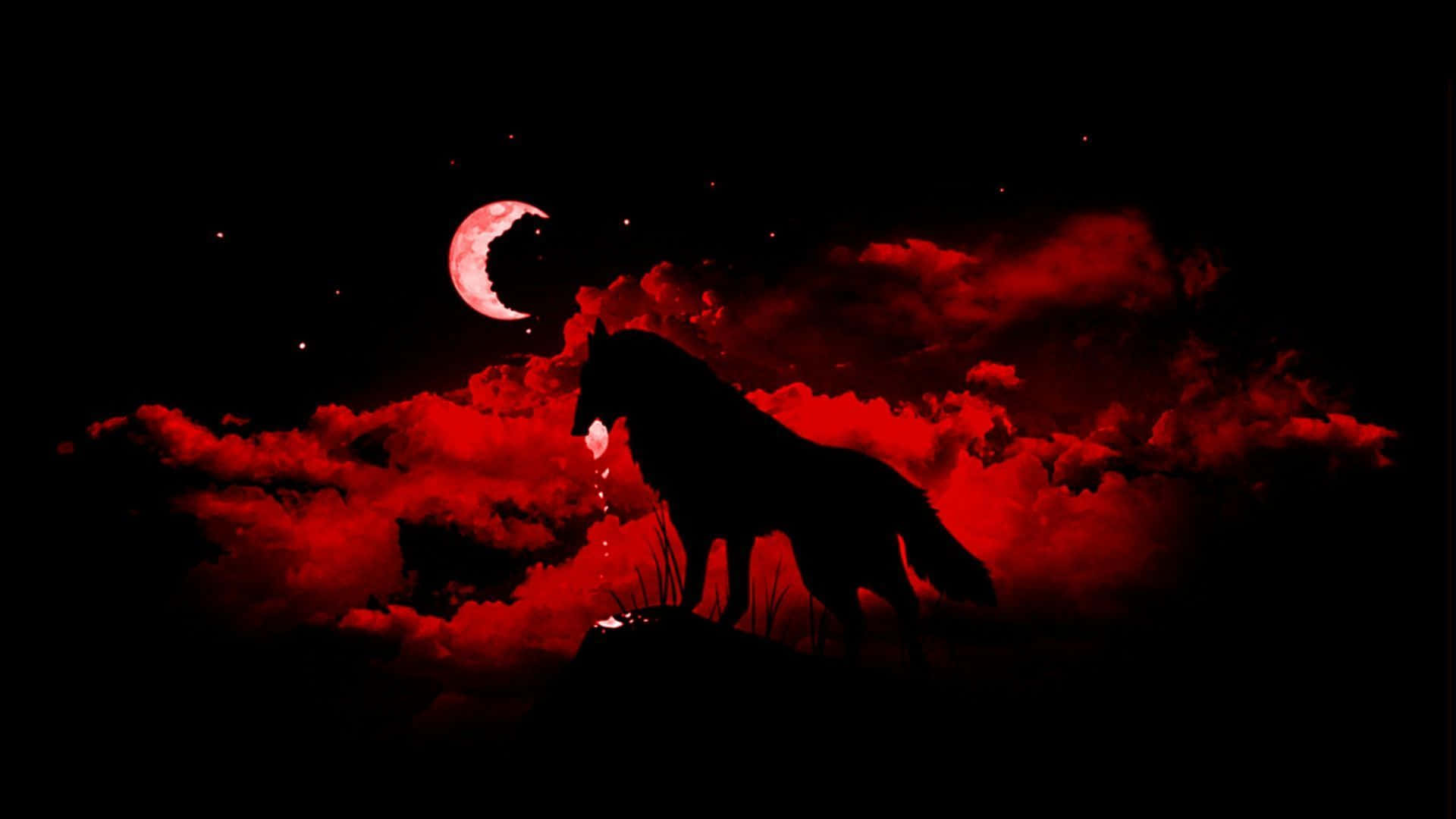 Fire Wolf, blood red crescent moon, fiery red clouded night sky, Full HD Desktop Wallpaper