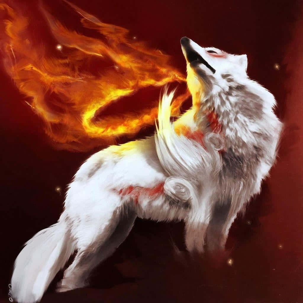 Fire Wolf, white wolf, fiery wings, SD Desktop Wallpaper