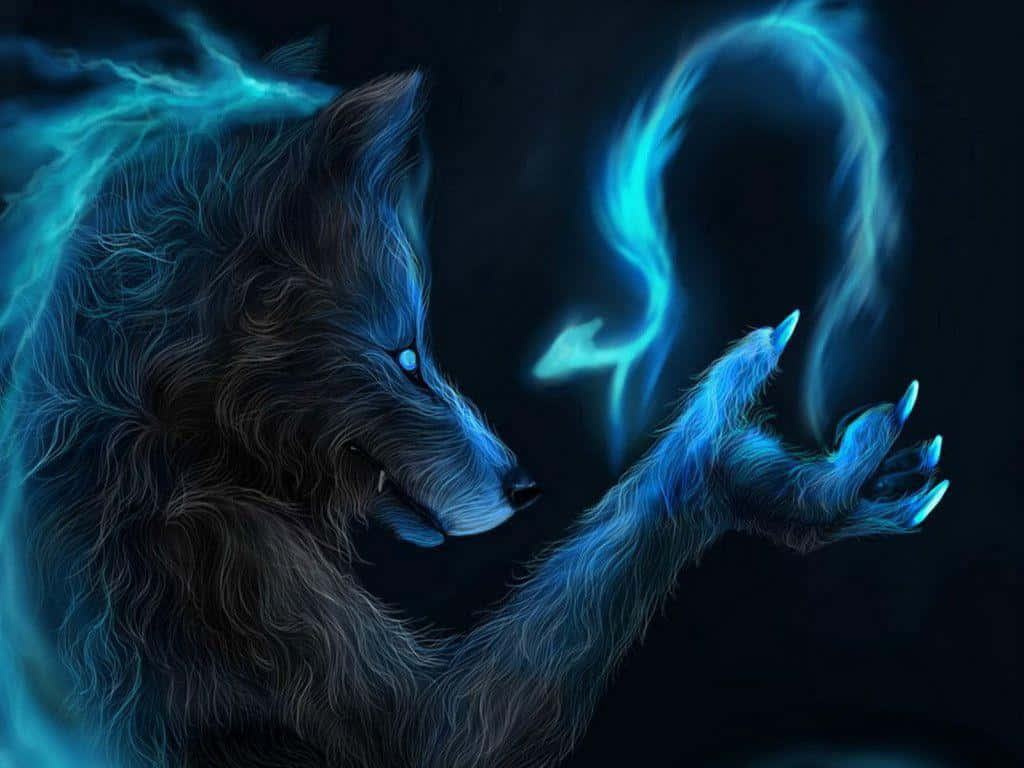 Fire Wolf, blue-furred, glowing eyes, SD Desktop Wallpaper