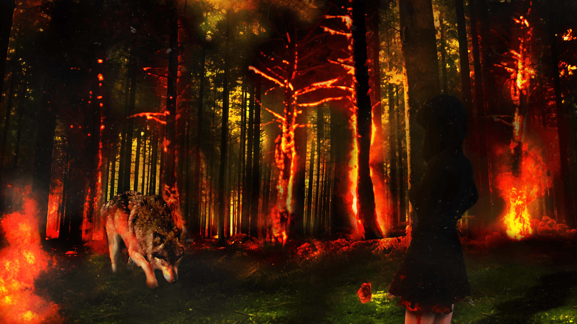 Fire Wolf, blood red, silhouetted figure, Full HD Desktop Wallpaper