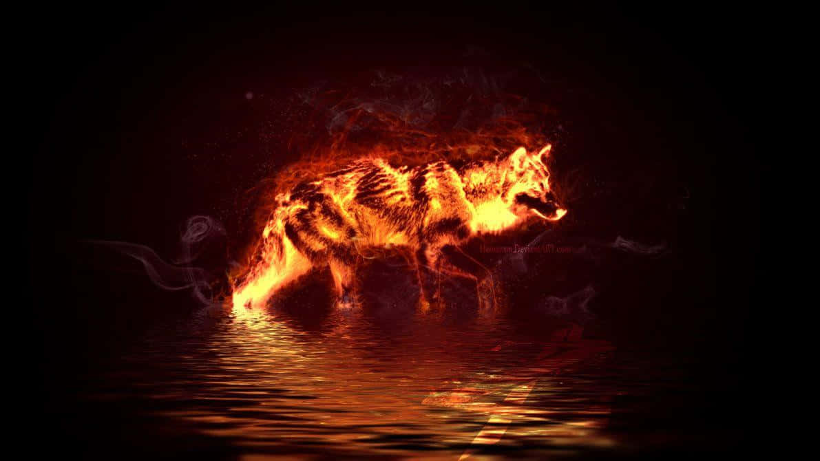 Fire Wolf, fiery wolf, glowing embers, SD Desktop Wallpaper