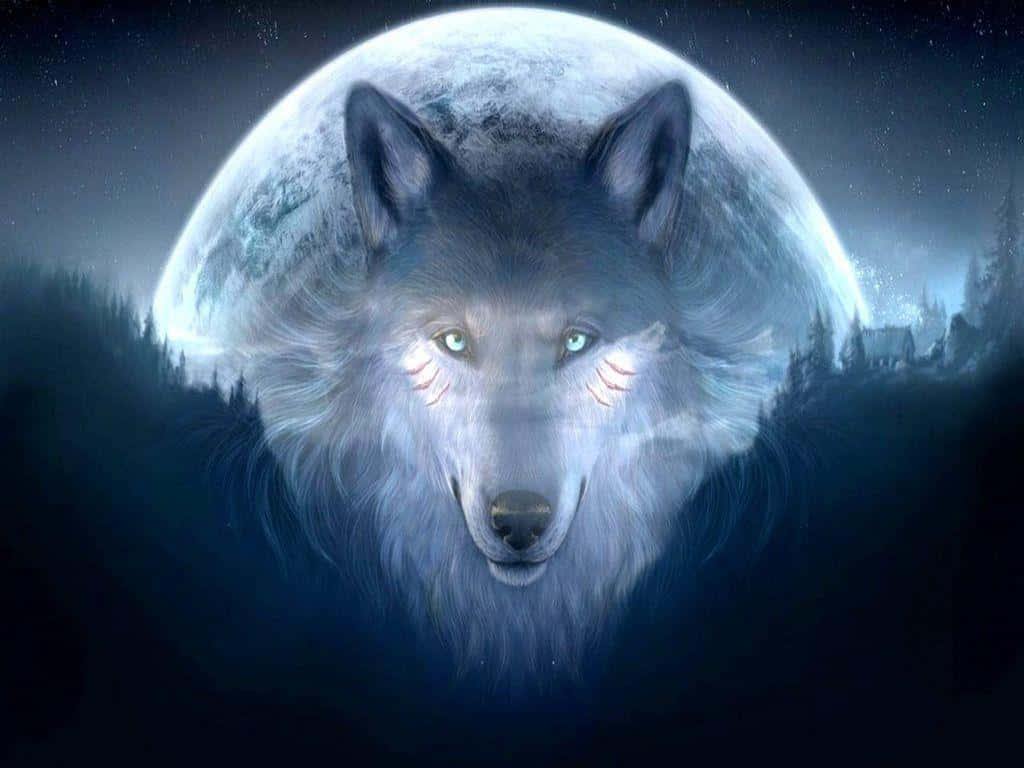 Fire Wolf, glowing white wolf, piercing green eyes, SD Desktop Wallpaper