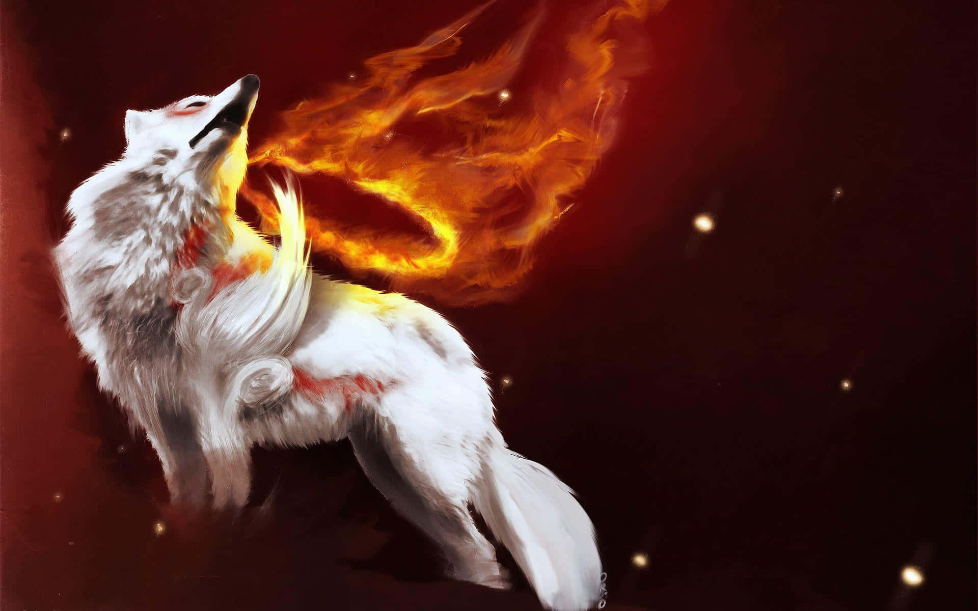 Fire Wolf, white wolf, flames, Full HD Desktop Wallpaper