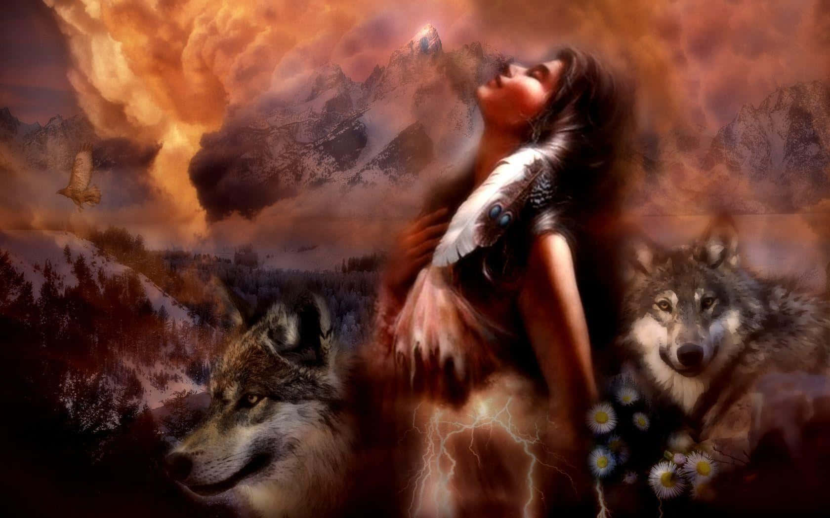 Fire Wolf, fiery orange sky, snow-capped mountains, HD Desktop Wallpaper