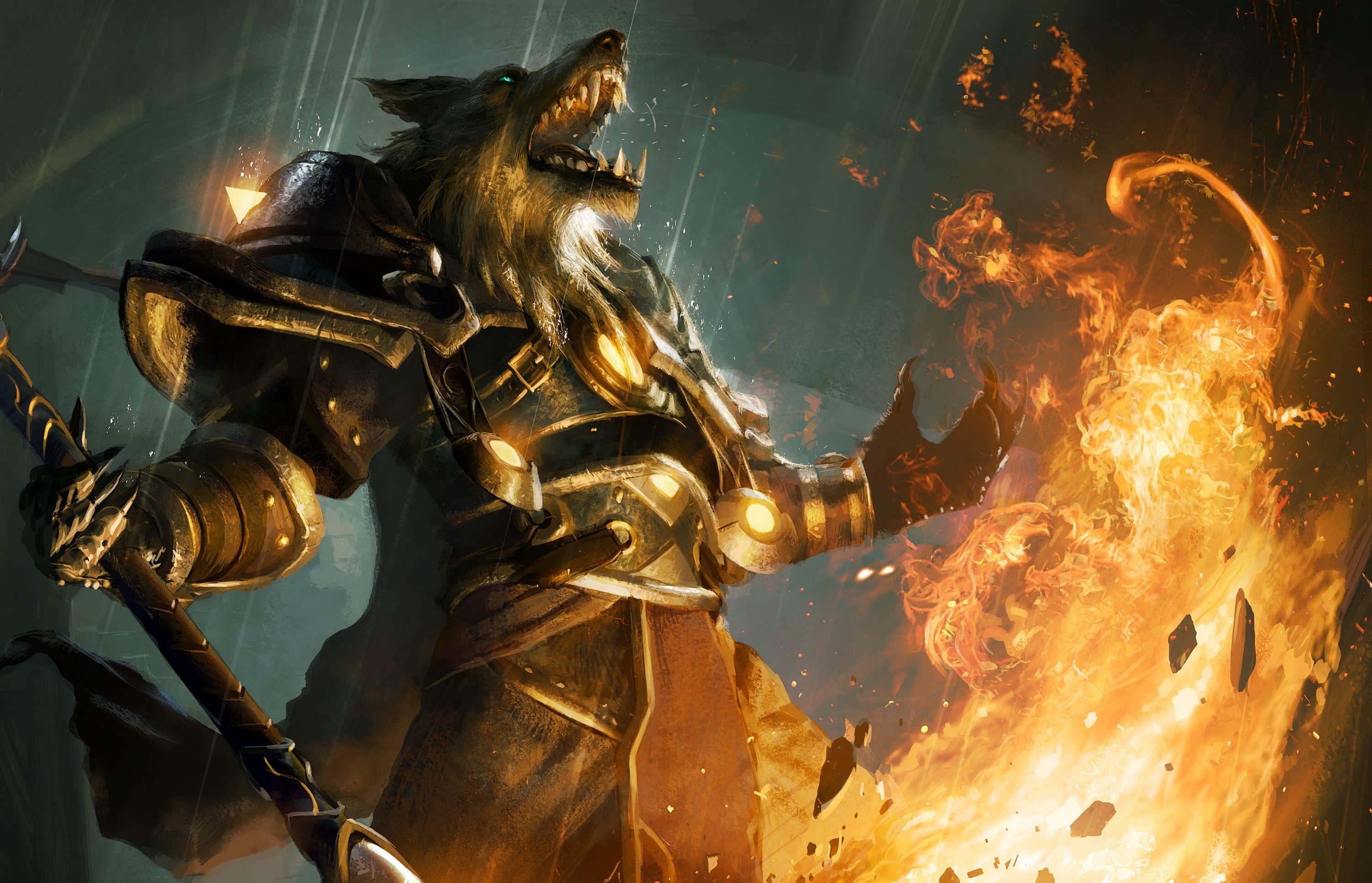 Fire Wolf, armored werewolf, fire, 2K Desktop Wallpaper