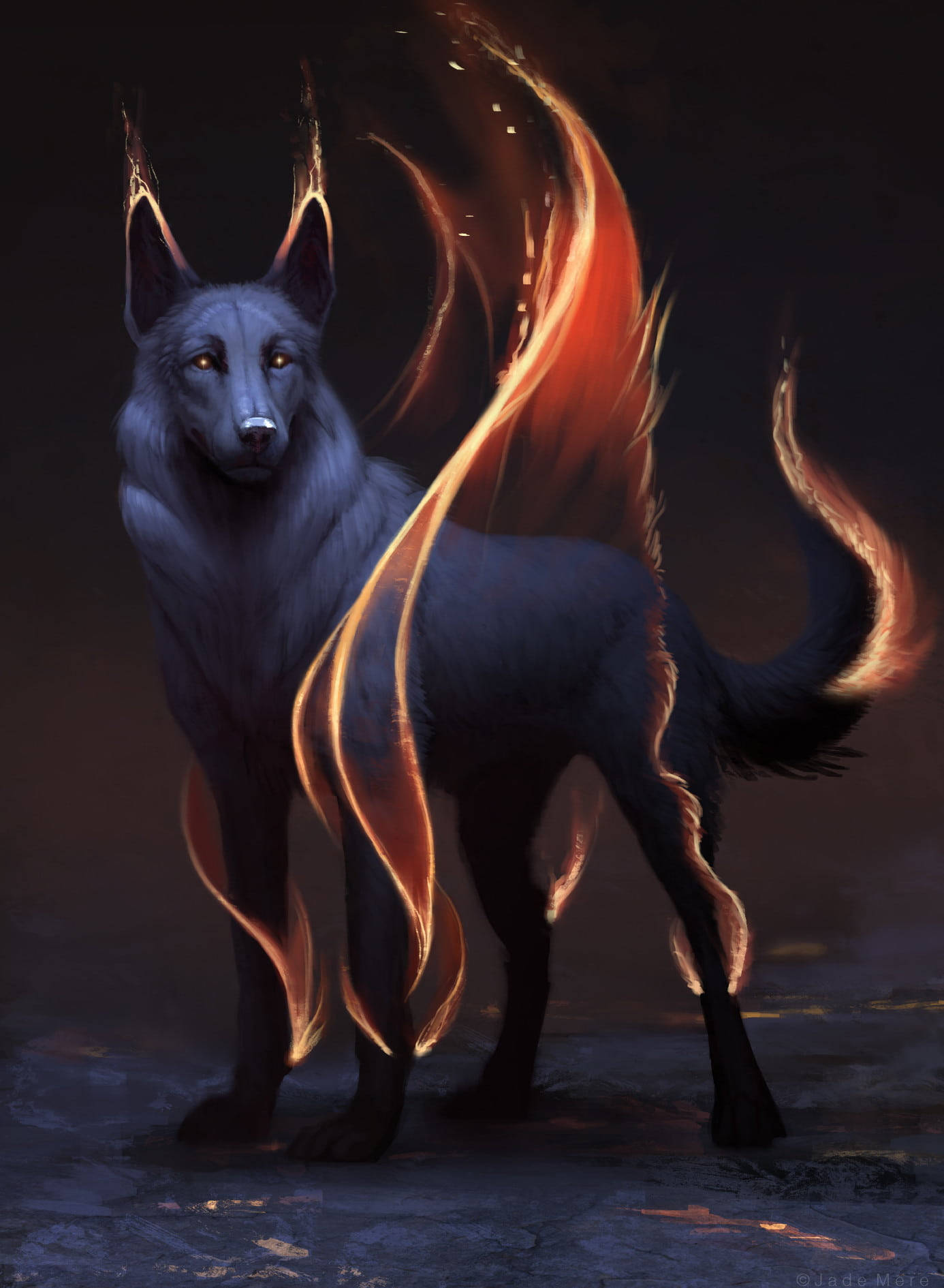 anime wolf fire aesthetic, glowing amber eyes, fiery orange energy, HD Phone Wallpaper