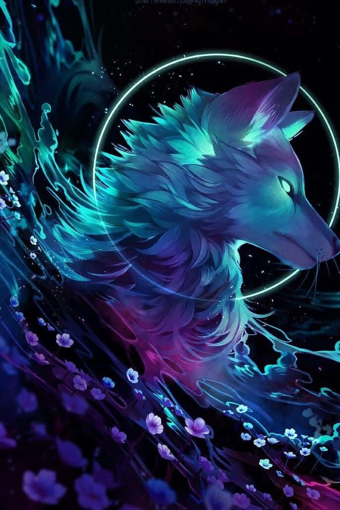 water and fire wolf, neon wolf, electric blue and purple fur, SD Phone Wallpaper