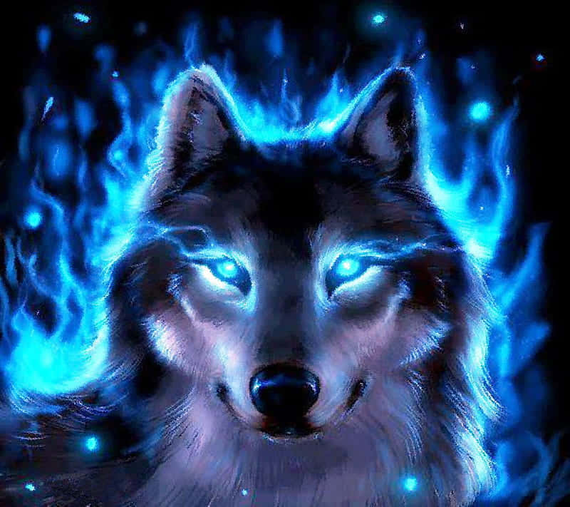 Fire Wolf, glowing blue eyes, electric blue flames, SD Desktop Wallpaper