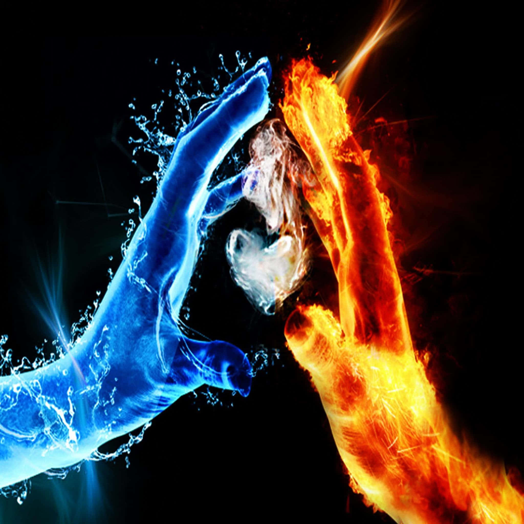 Fire Wolf, blue water hand, orange fire hand, Full HD Desktop Wallpaper