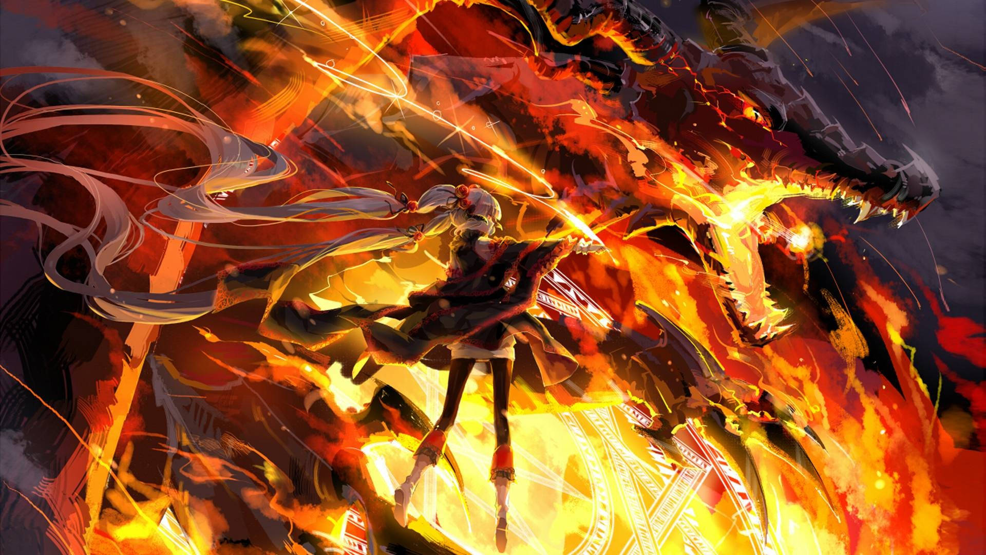 fire, anime warrior, colossal dragon, Full HD Desktop Wallpaper