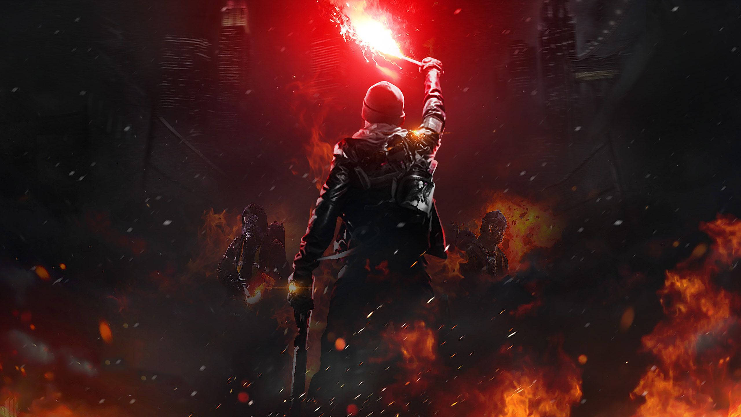 gaming man, flaming torch, red helmet, 2K Desktop Wallpaper